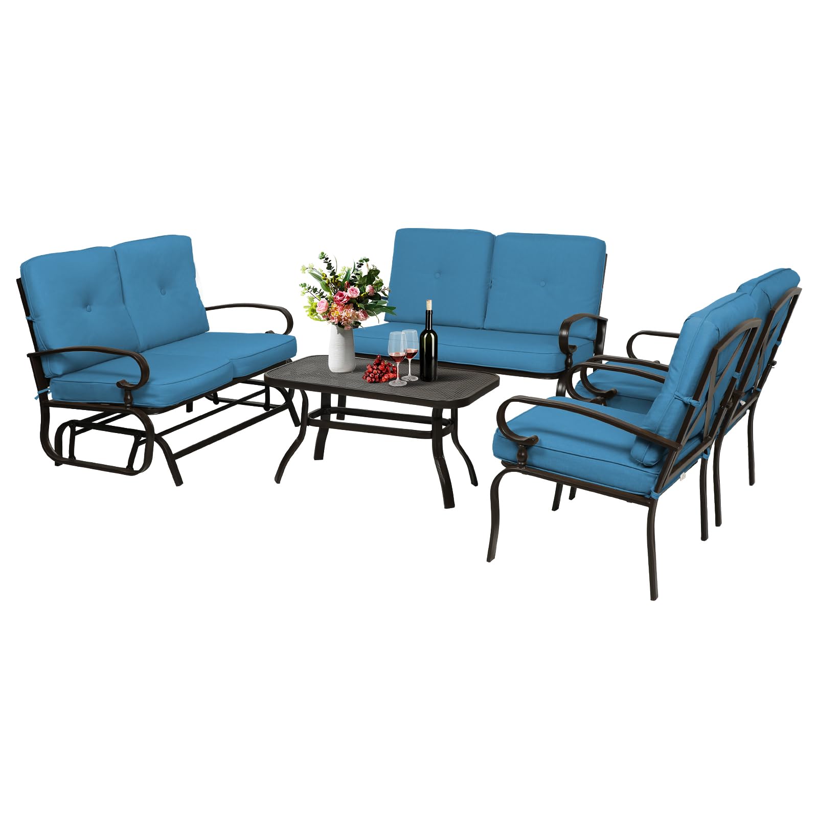 Oakcloud 5-Piece Outdoor Metal Patio Furniture Set - Wrought Iron Glider with 2 Chairs, Loveseat & Coffee Table in Peacock Blue - Perfect for Garden, Backyard, Poolside & Outdoor Relaxation