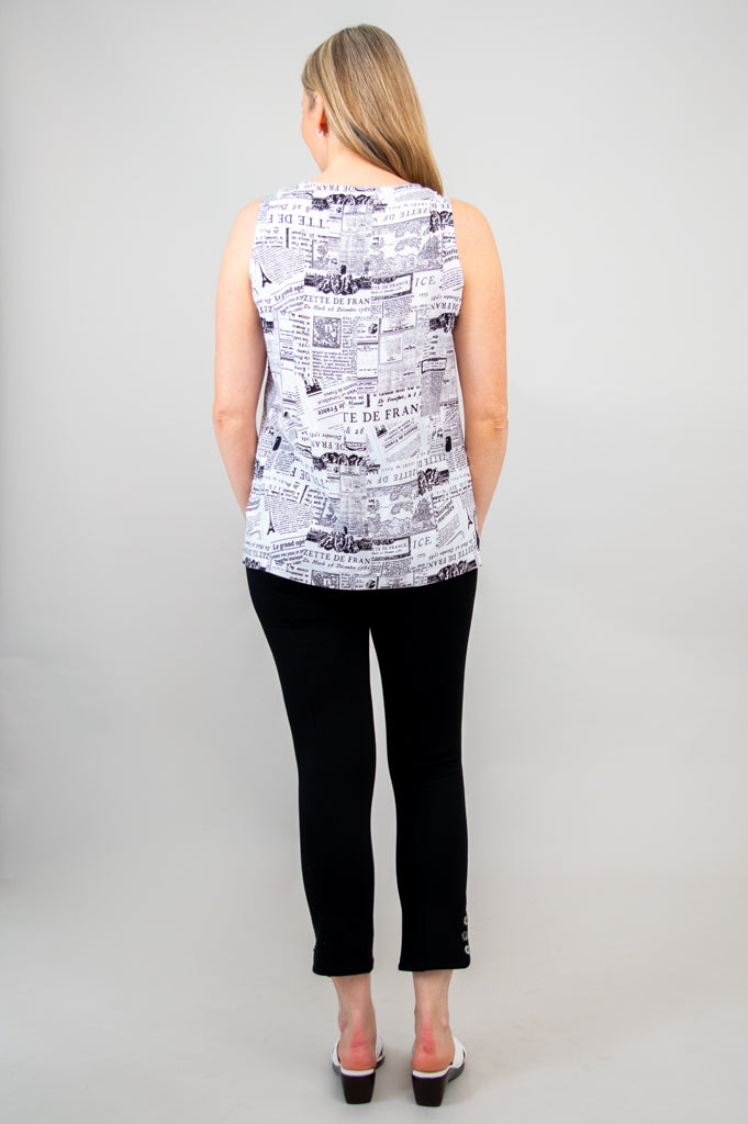 Dena Tank Top for Women - French News Print Linen Bamboo Blend - Perfect for Casual Wear, Summer Outfits, and Beach Vacations