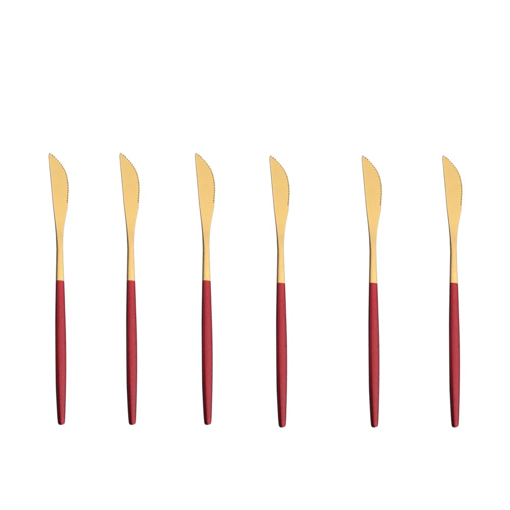 Premium 18/10 Stainless Steel Flatware Set - 6 Piece Mirror Finish Red Gold Dessert & Steak Knives (7.87