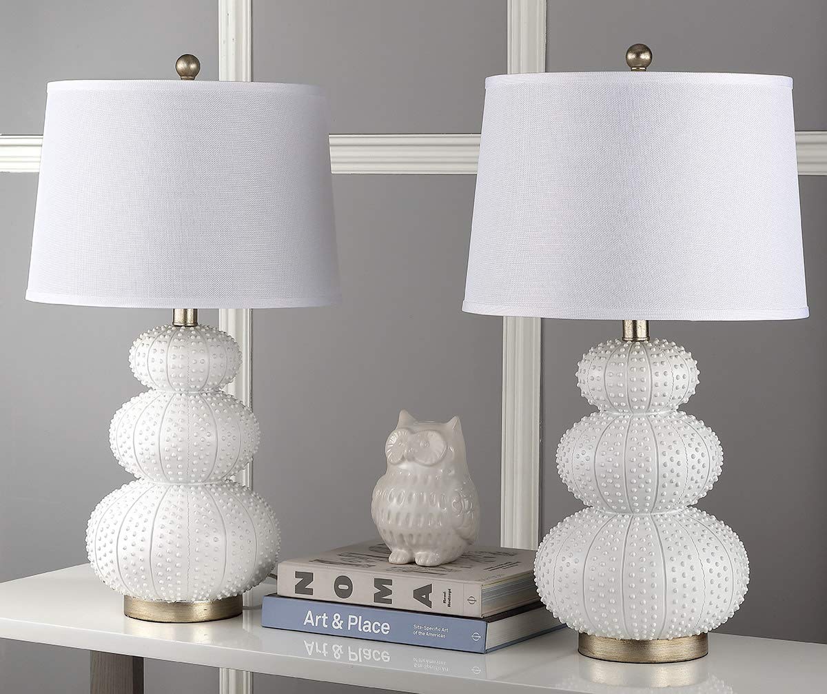 SAFAVIEH Rita Modern Contemporary White Triple Gourd Studded 29-inch Table Lamp Set of 2 with LED Bulbs - Perfect for Bedroom, Living Room, Home Office & Nightstand Lighting Decor