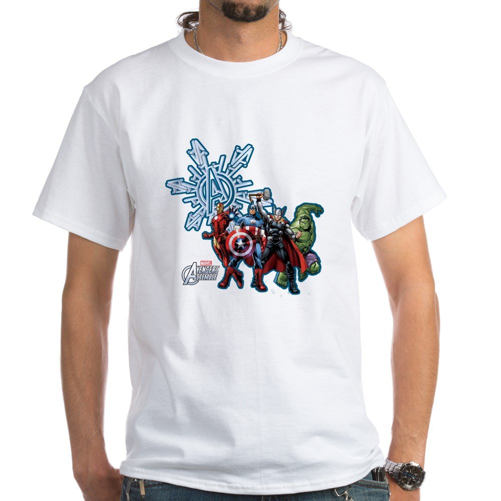 Avengers Holiday White Cotton T-Shirt - Superhero Graphic Tee for Christmas & Winter Gifts | Marvel Fan Apparel for Casual Wear & Cosplay