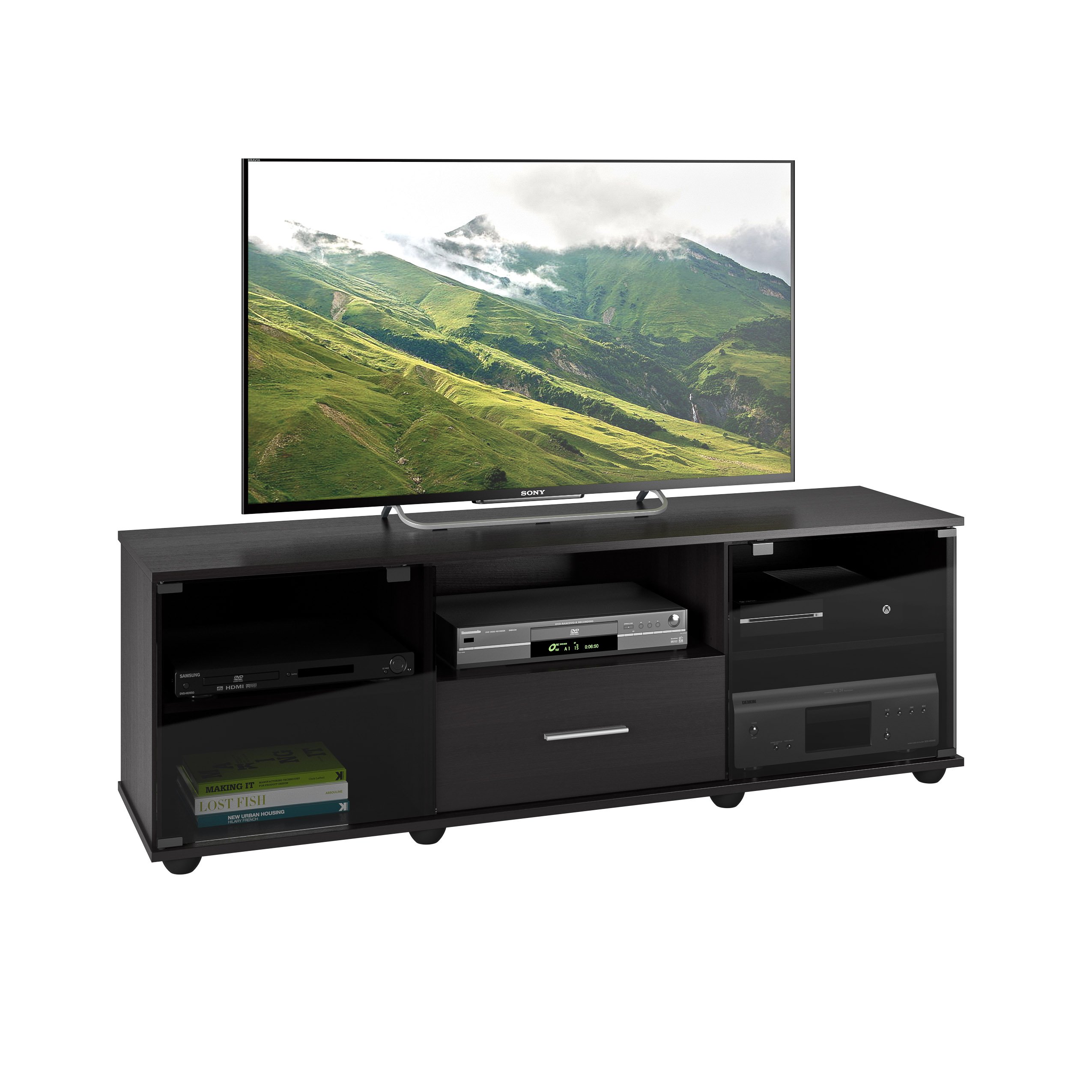 CorLiving Fernbrook TV Stand for Living Room - 60 Inch Modern Entertainment Center with Storage, Black - Perfect for TVs up to 65