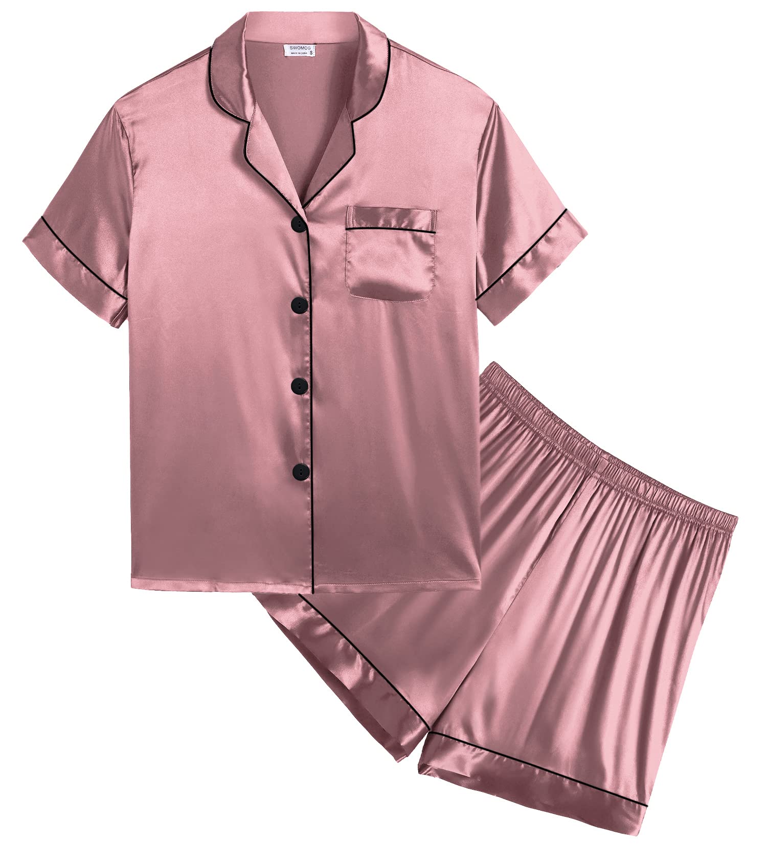 SWOMOG Kids Satin Pajama Set for Girls & Boys - Soft Button-Down Silk Pjs with Short Sleeves, 2-Piece Comfortable Nightwear & Lounge Outfit - Perfect for Sleepovers, Bedtime & Relaxing at Home