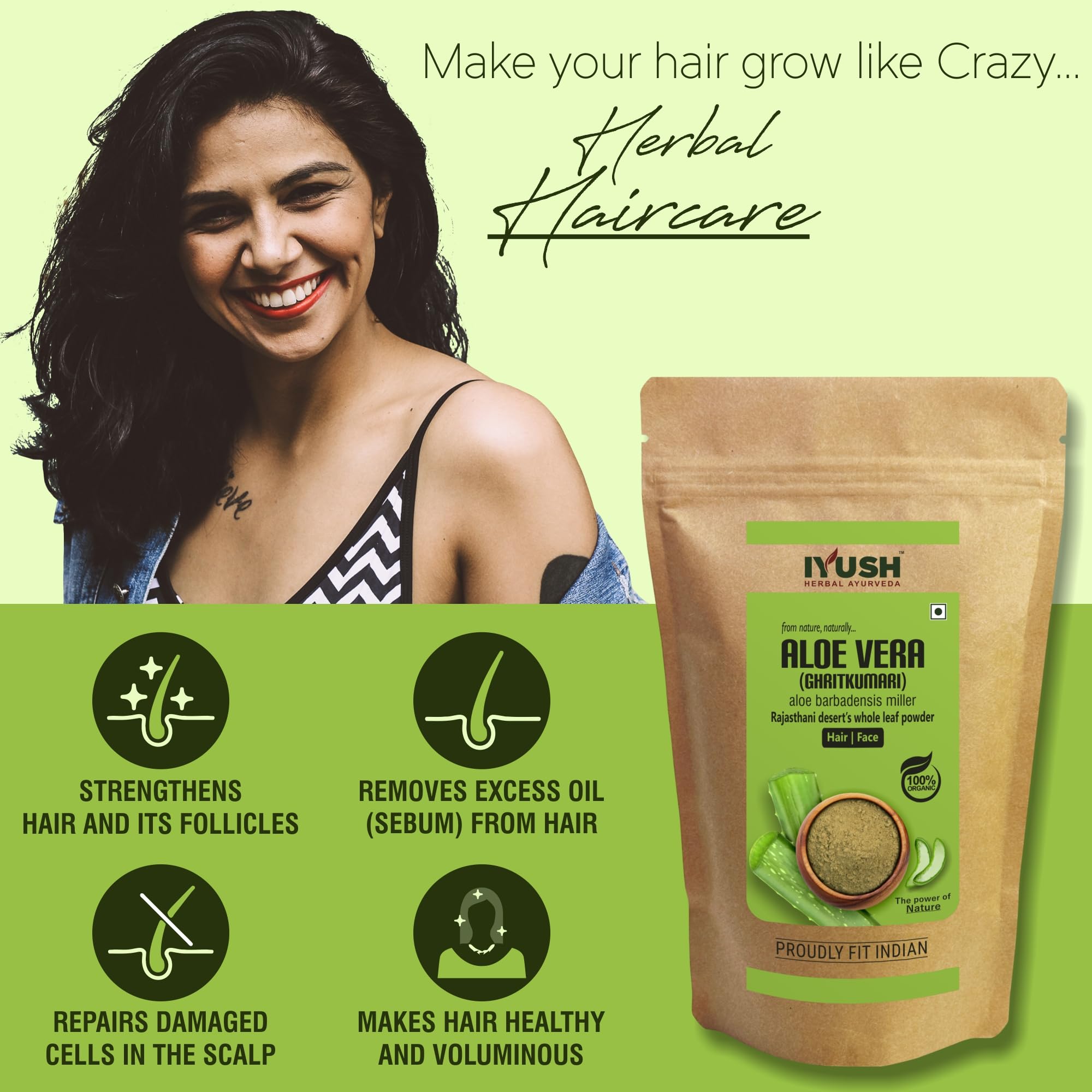 Organic IYUSH Ayurvedic Aloe Vera Powder for Hair Growth & Skin Care - 400gm Pure Aloe Leaf Powder for DIY Face Masks, Hair Treatments & Natural Beauty Remedies - Perfect for Dry Scalp, Dandruff & Glowing Skin