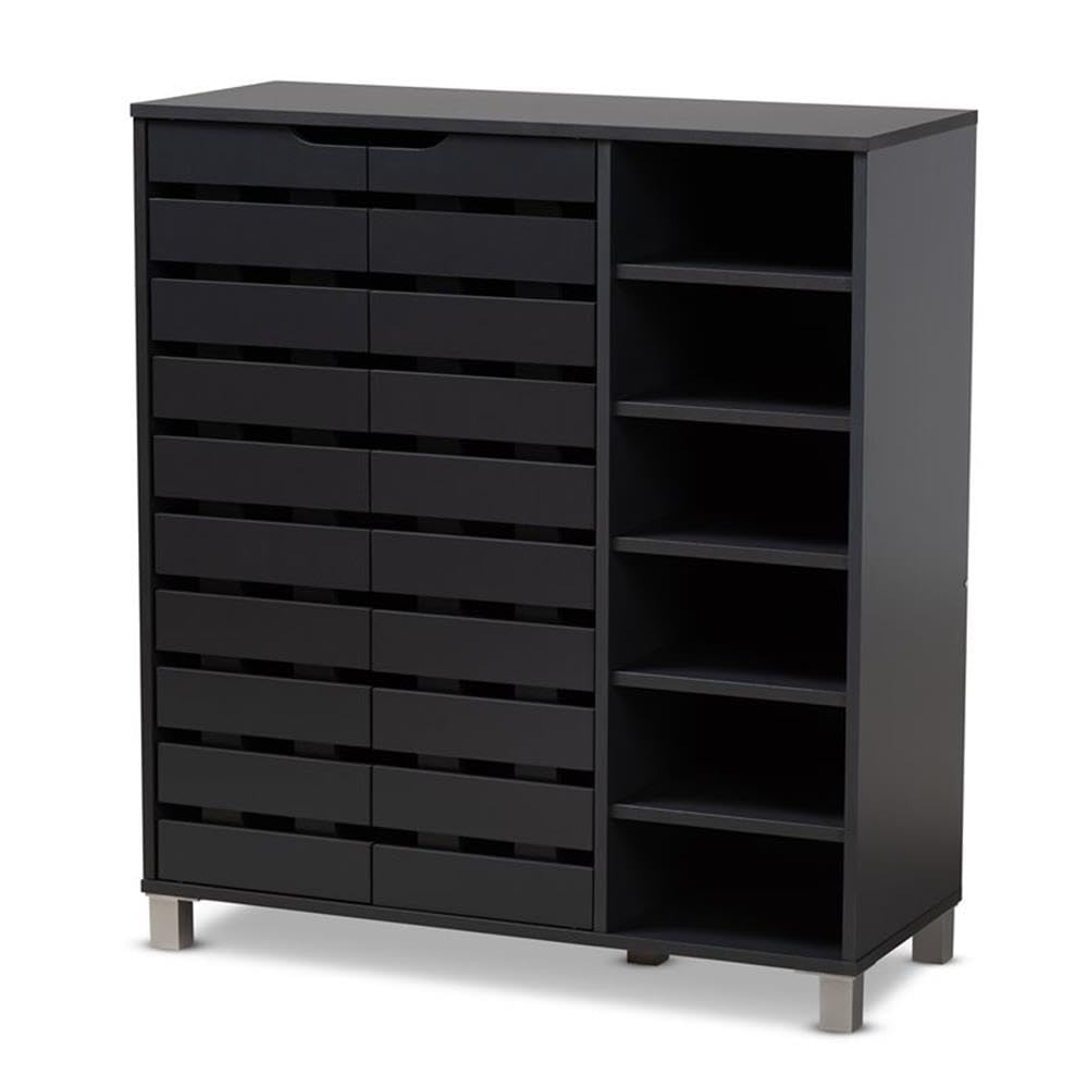 BOWERY HILL Modern Dark Grey 2-Door Wooden Shoe Storage Cabinet with Open Shelves - Organize Entryway, Bedroom or Closet - Space Saving Shoe Rack for Home & Office