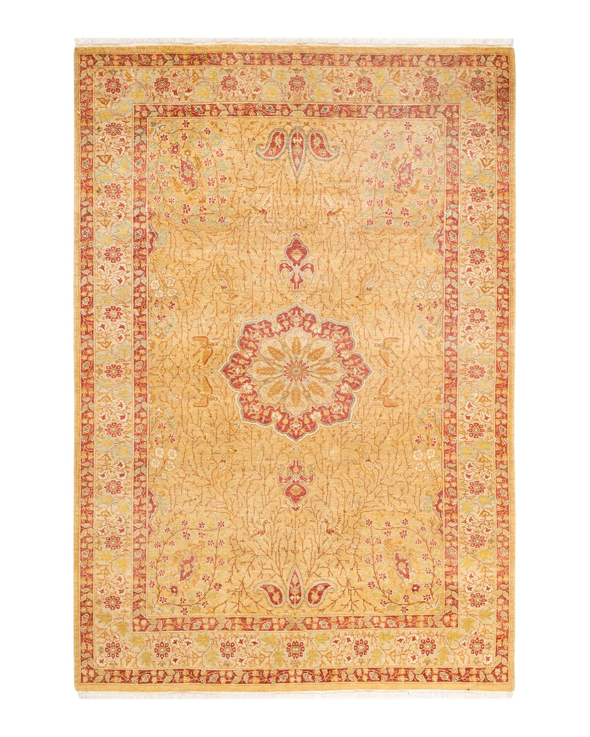 Handmade Wool Oriental Mogul Yellow 4x6 Area Rug - Traditional Hand-Knotted Solo Rugs for Living Room, Bedroom & Dining Room Decor