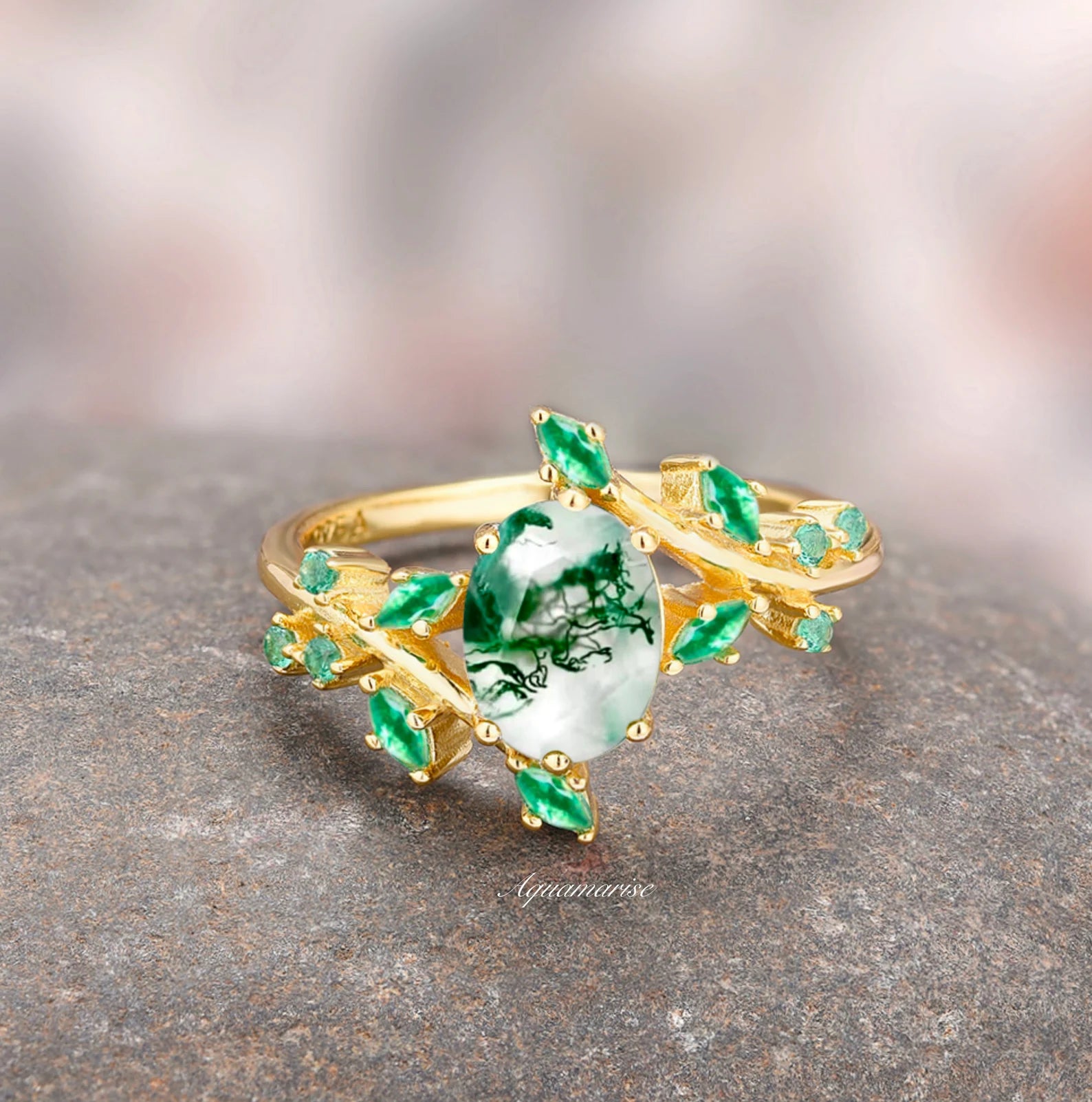 Green Moss Agate & Fire Opal Gold Leaf Couple Rings for Women & Men - Elegant Matching Promise Rings for Anniversary, Engagement & Wedding Gifts