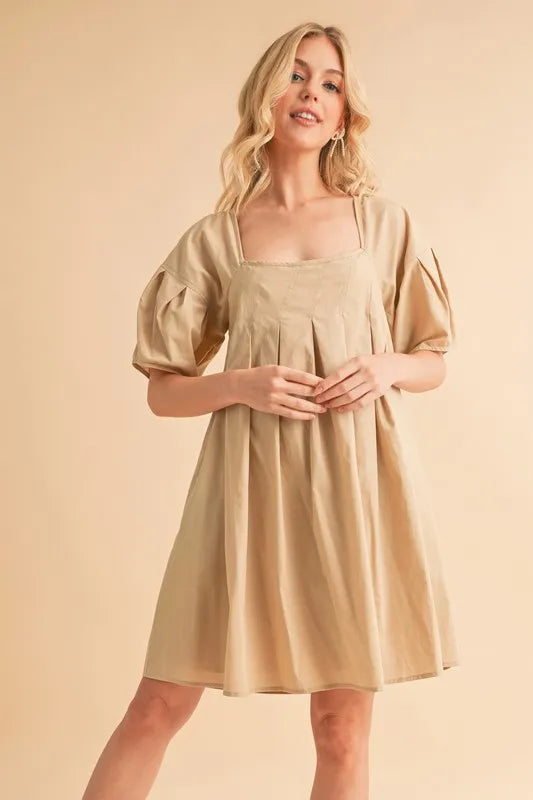 Beige Babydoll Dress with Pockets - Flowy Short Sleeve Loose Fit Mini Dress for Women | Perfect for Summer, Beach, Date Night & Casual Outings