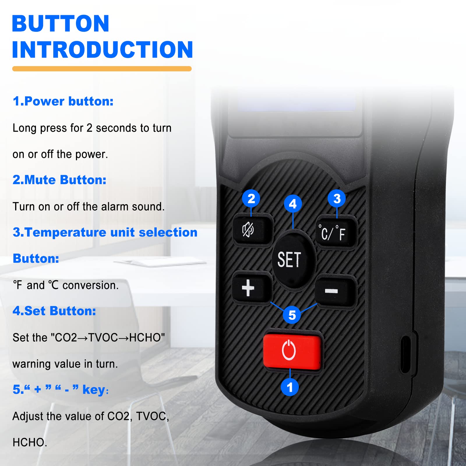 5-in-1 Portable Air Quality Monitor - HCHO Detector for Indoor Pollution Testing in Home, Office & Car | Real-Time PM2.5/TVOC/CO2 Detection with Rechargeable Battery & Holder | Perfect for Allergy Sufferers, Baby Rooms & Workplaces