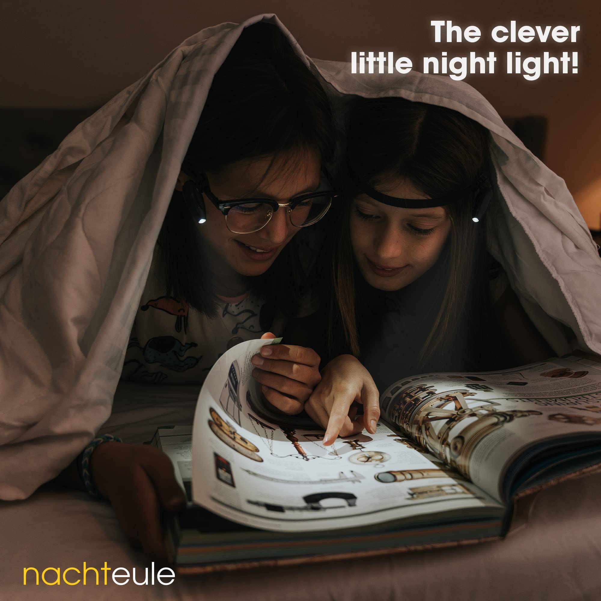 Rechargeable LED Reading Light for Glasses, Headphones & Headbands - Adjustable Clip-On Book Light with Protective Case - Made in Germany - Perfect for Night Reading, Travel & Studying