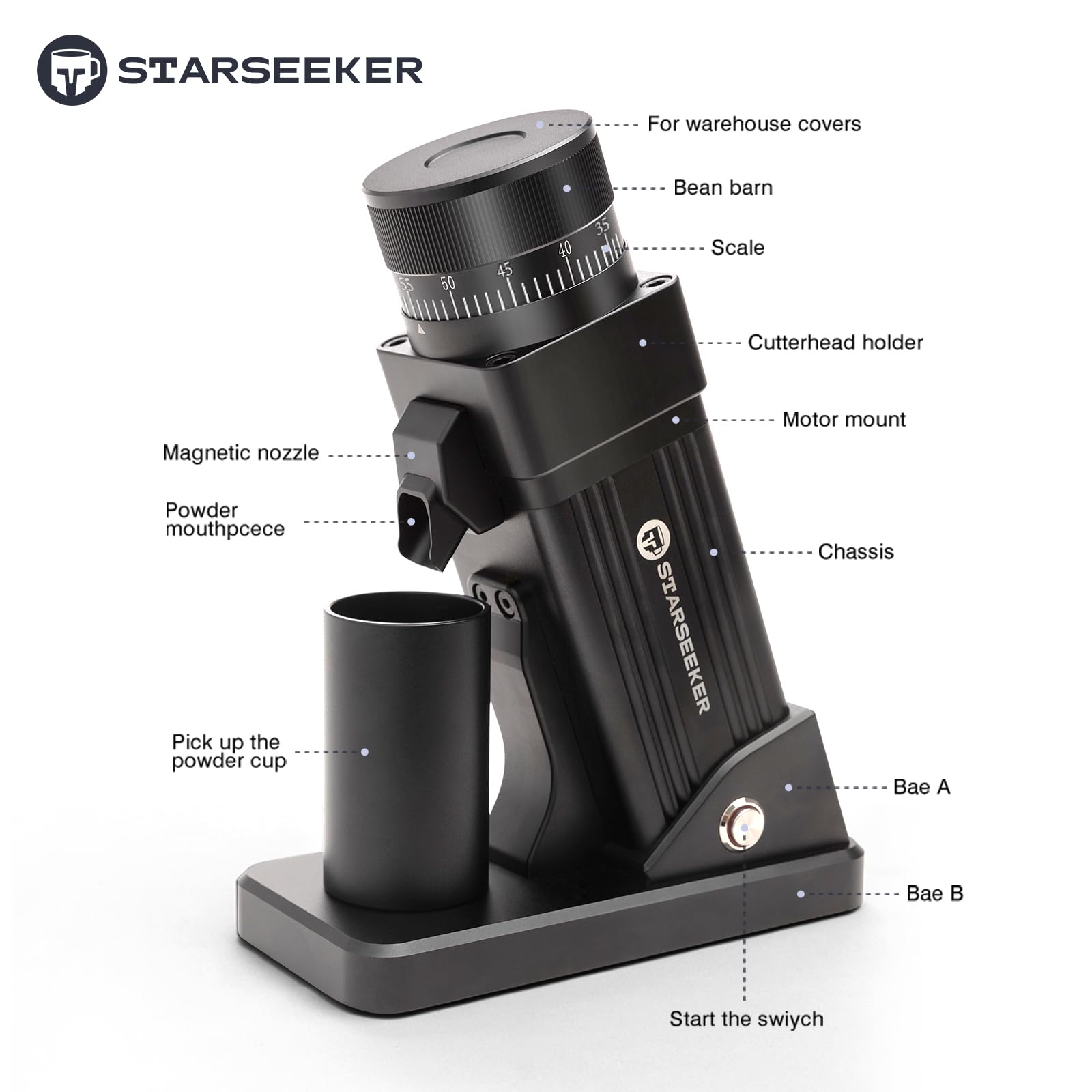 STARSEEKER E55 Electric Coffee Grinder - 55mm Conical Burr, 60 Grind Settings for Espresso, Drip, French Press & Cold Brew, Single Dose Design, Durable Aluminum Housing (Black) - Perfect for Home Baristas & Coffee Enthusiasts