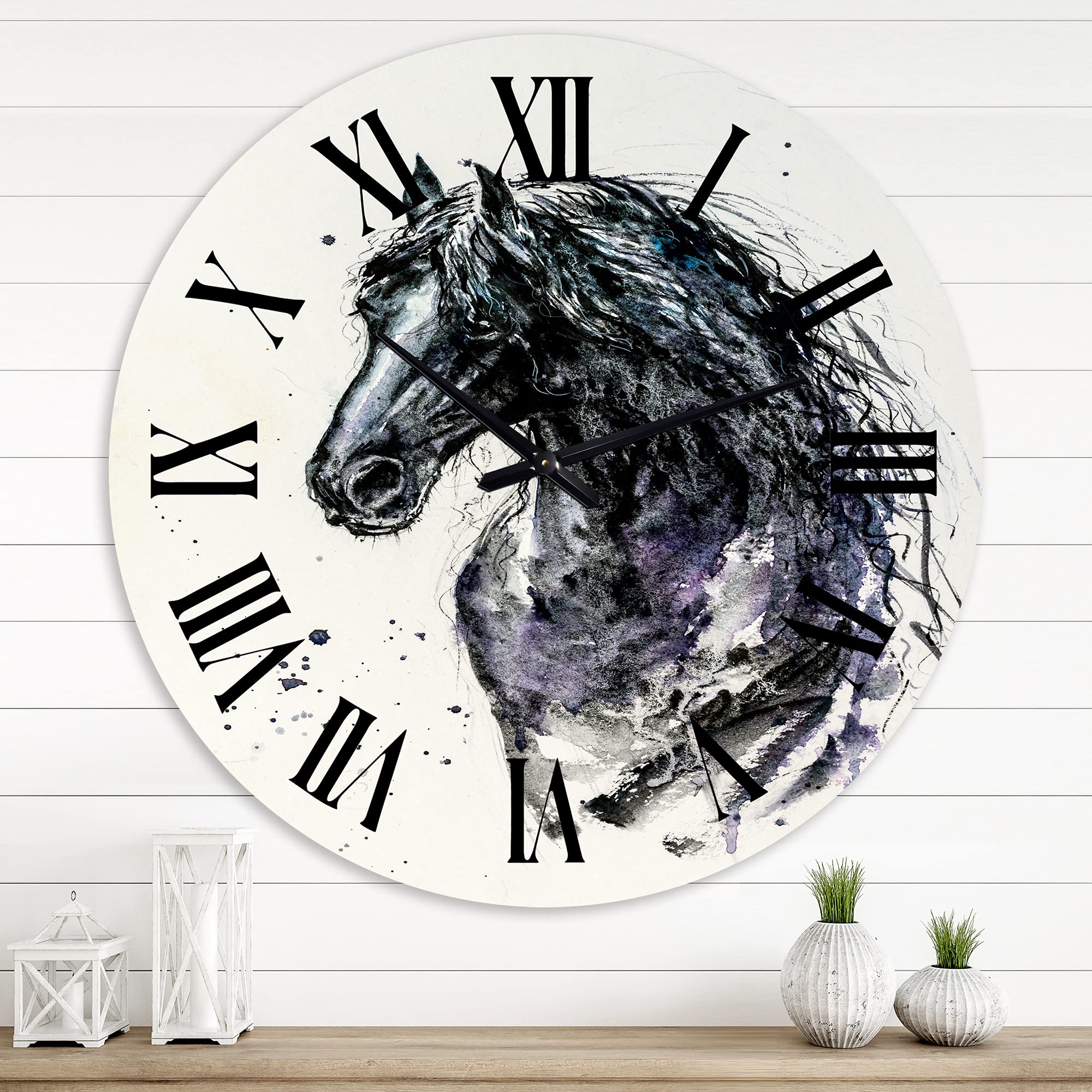 Farmhouse Wall Clock with Friesian Horse Portrait - Large Rustic Wall Clock for Home, Office & Living Room Decor - Perfect for Country, Western & Equestrian Style Spaces
