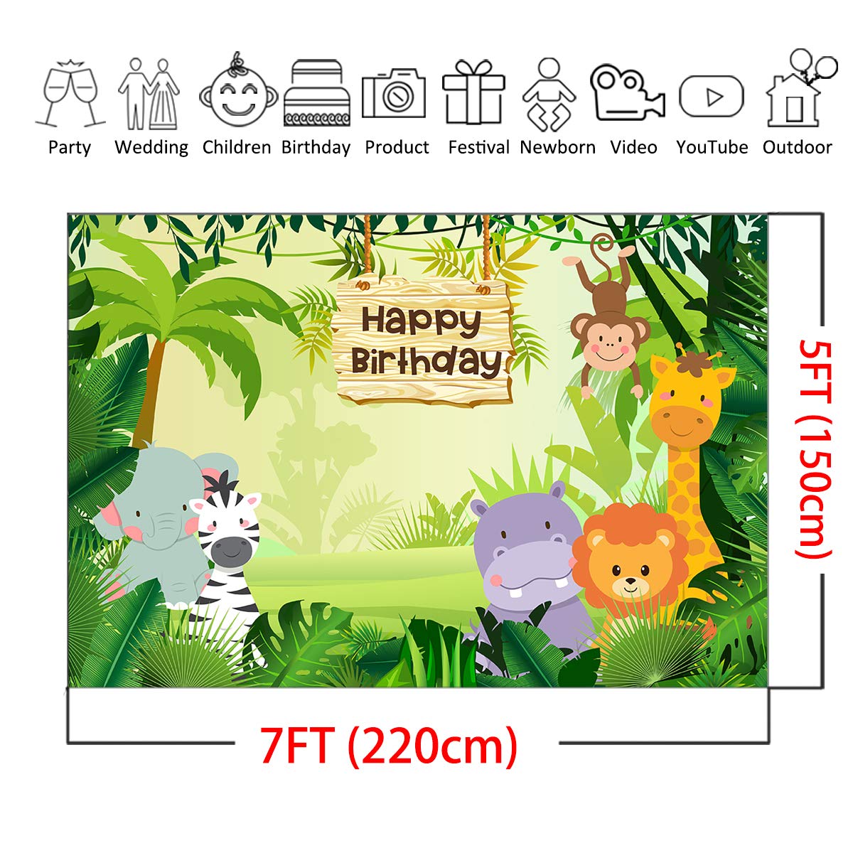 7x5ft Safari Jungle Birthday Backdrop with Wild Animals - Elephant & Monkey Forest Theme Photography Background for Boys' Birthday Parties, Baby Showers & Jungle-Themed Events