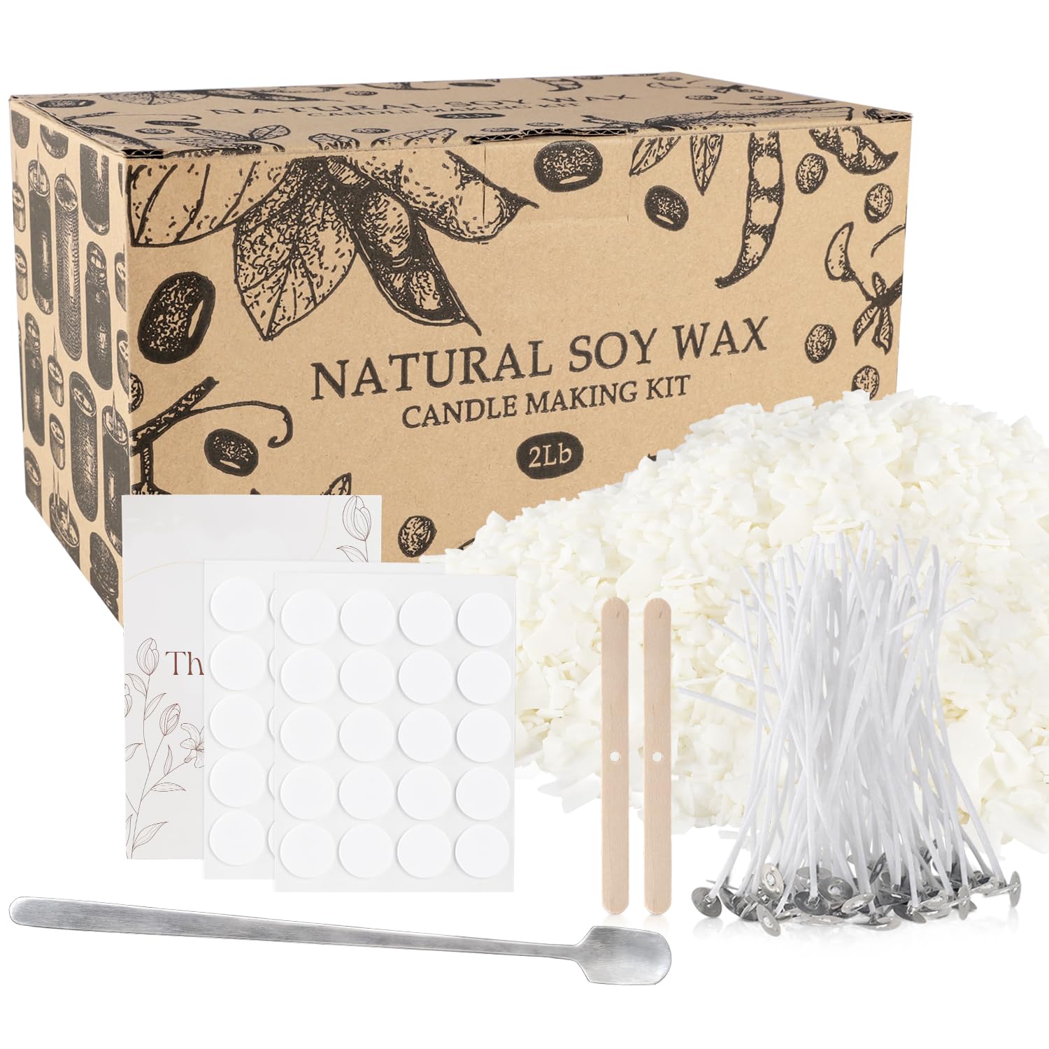 Premium DIY Candle Making Kit with 2LB Natural Soy Wax Flakes, 100 Cotton Wicks & 2 Wooden Wick Holders - Perfect for Home Crafts, Gifts & Aromatherapy Relaxation