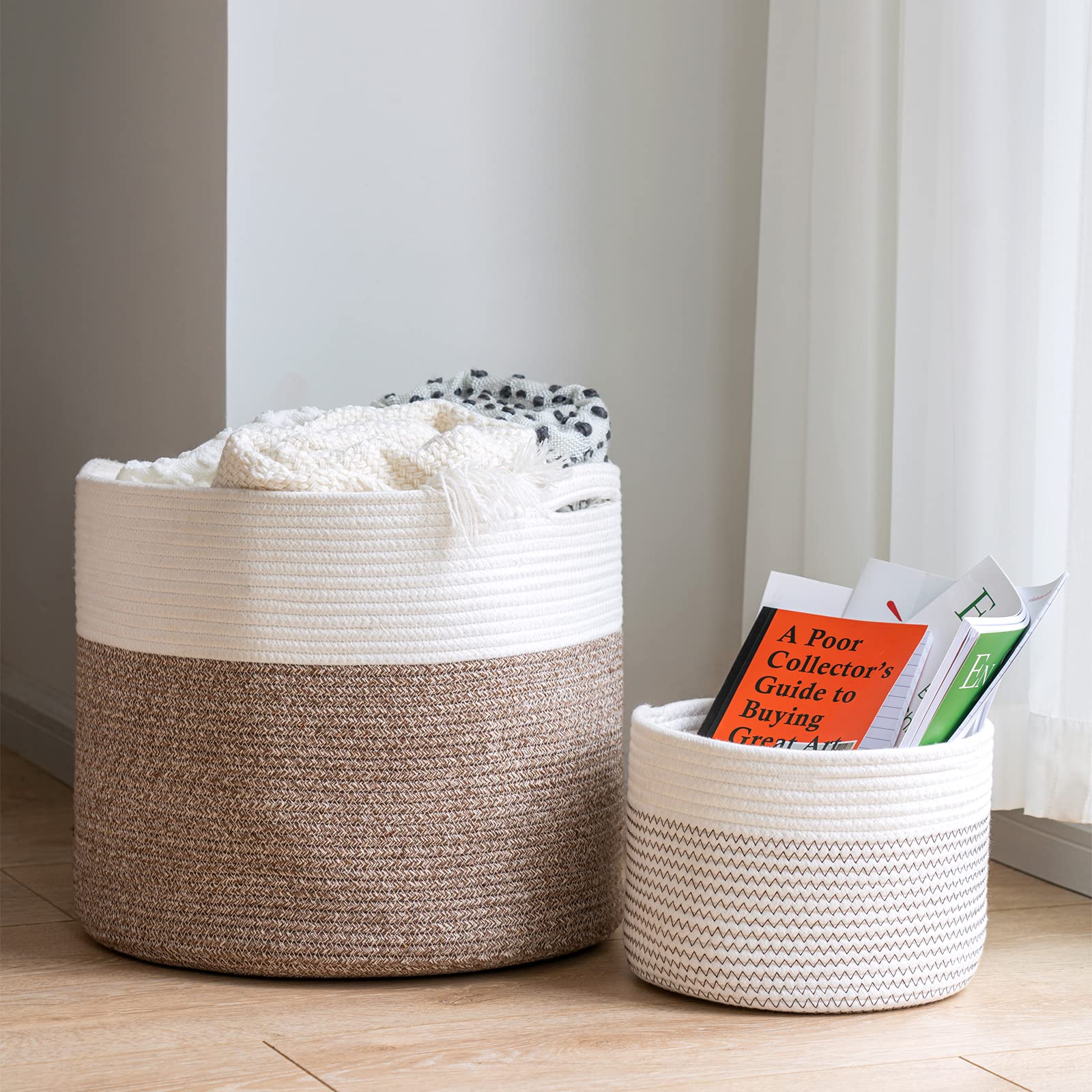 Goodpick Small Woven Storage Basket with Handles - Set of 2, Large Blanket Basket & Toy Organizer for Nursery, Living Room, and Bedroom Storage