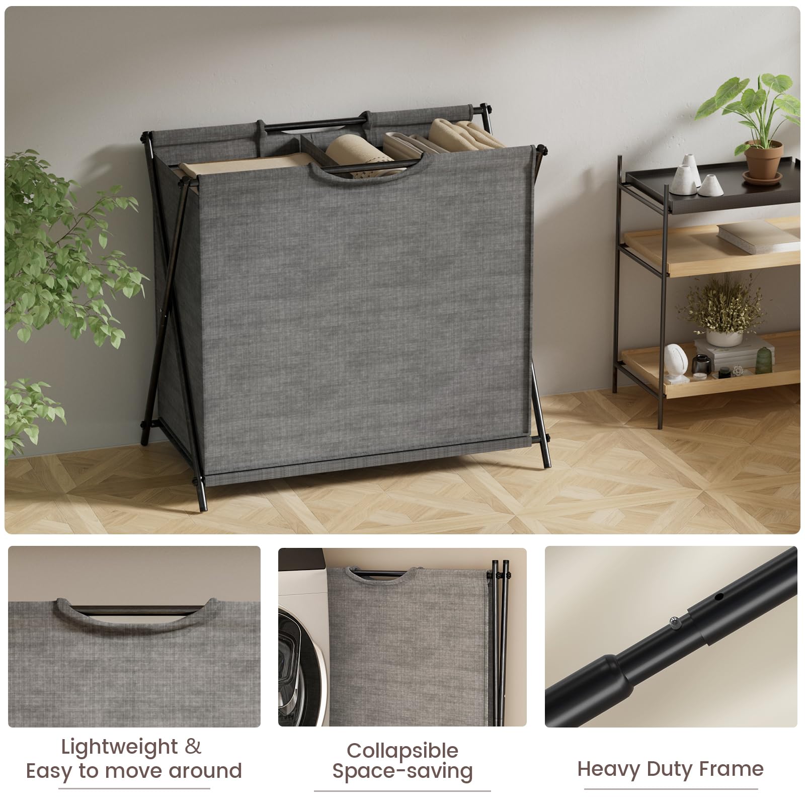 3-Section Foldable Laundry Hamper Organizer - Gray Clothes & Toy Storage Basket with Dividers for Bathroom, Bedroom, Living Room | Perfect for Laundry Sorting, Kids' Toys & Towel Organization