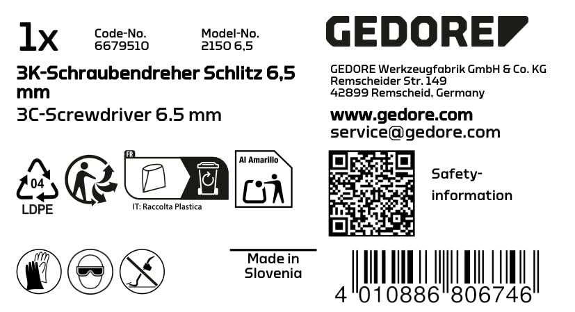 GEDORE 2150 6.5mm 3C-Screwdriver - Professional Insulated Screwdriver for Electrical Work & Home Repairs
