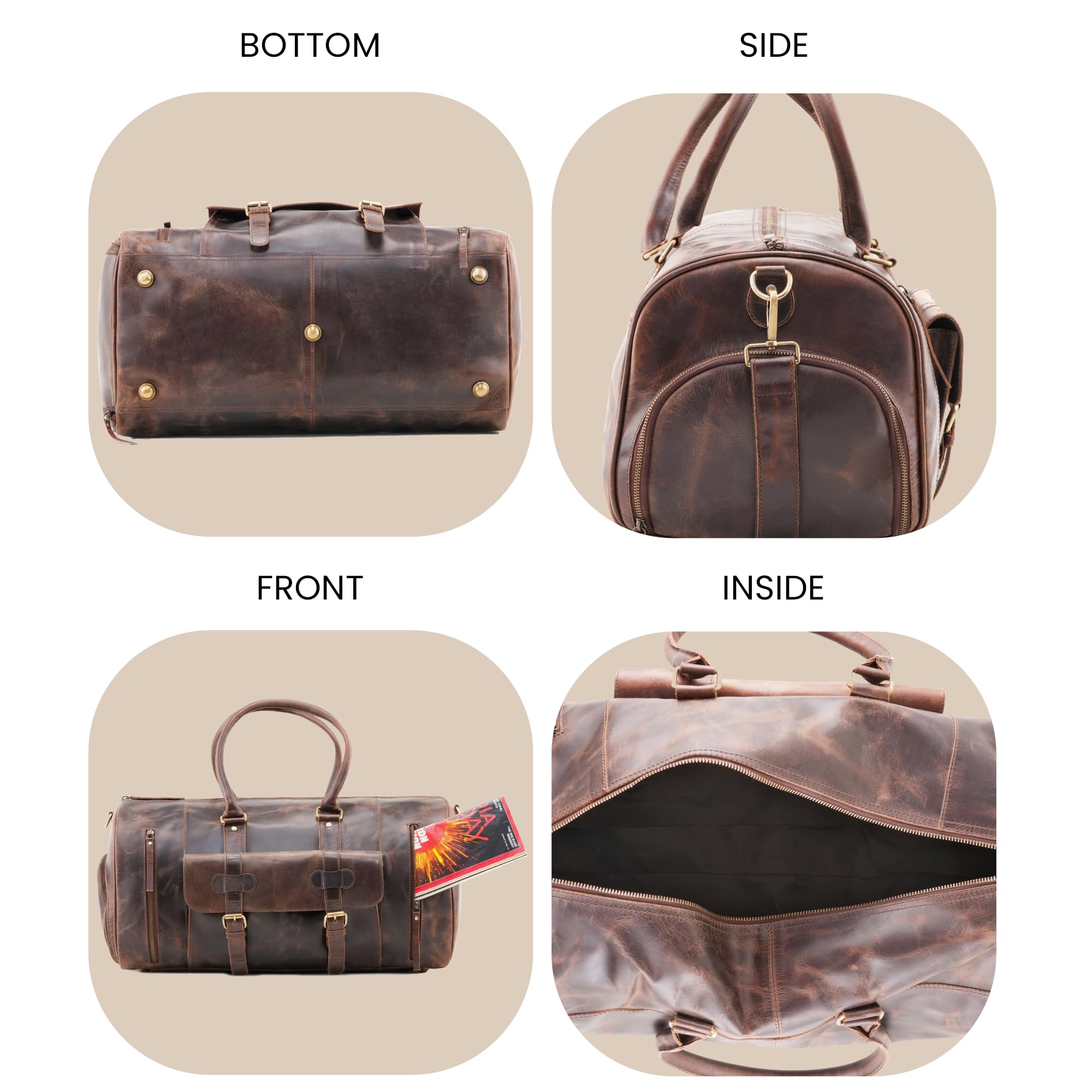 Handmade Genuine Buffalo Leather Duffle Bag - 21 Inch Gym & Travel Weekender Overnight Bag - TSA Approved Carry-on Luggage for Men & Women - Perfect for Gym, Business Trips & Weekend Getaways