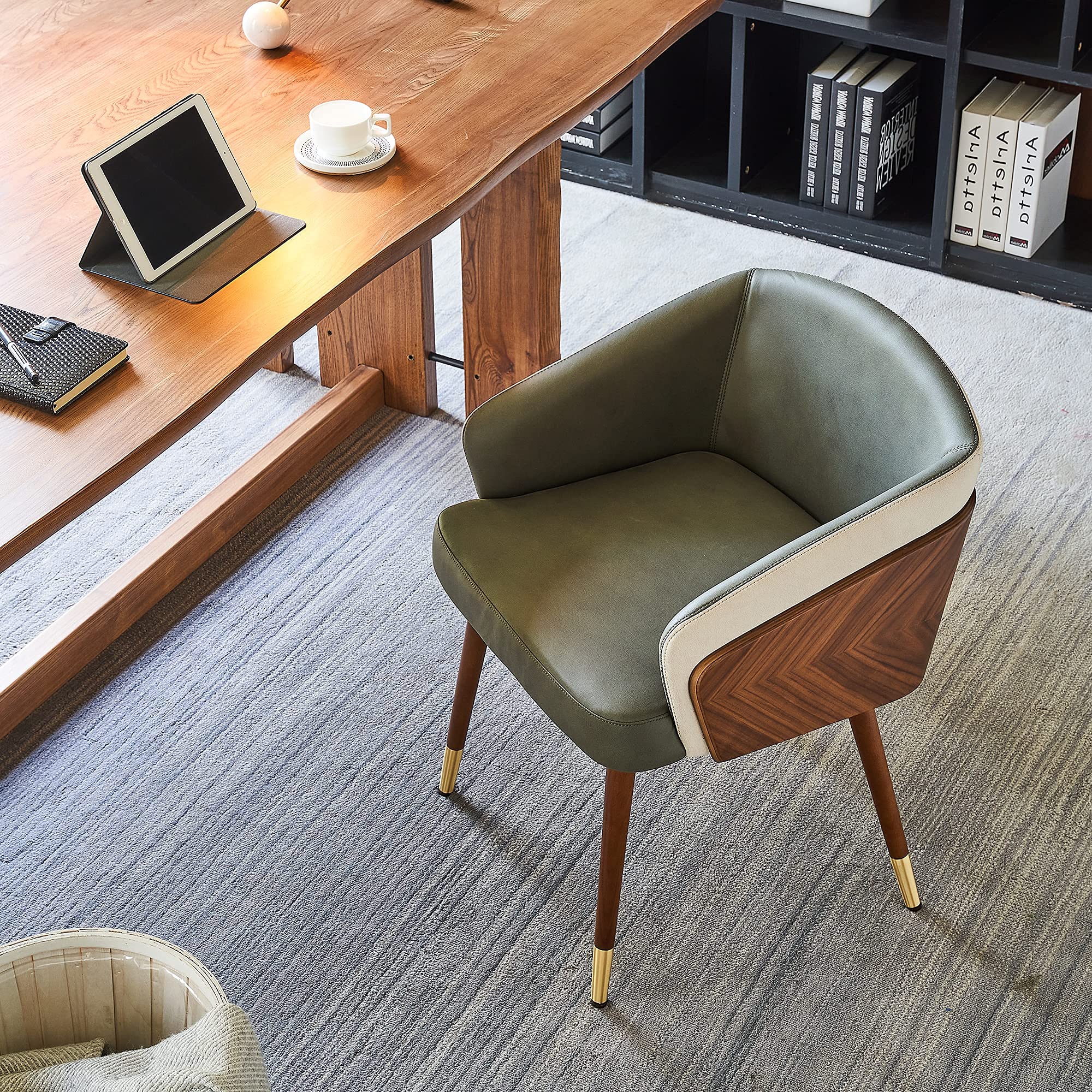 ARTPLAN Mid Century Modern Dining Chair - Faux Leather & Walnut Upholstery, Retro Accent Armchair with Metal Legs - Adjustable & Easy Assembly - Perfect for Kitchen, Dining Room & Home Office (Army Green)