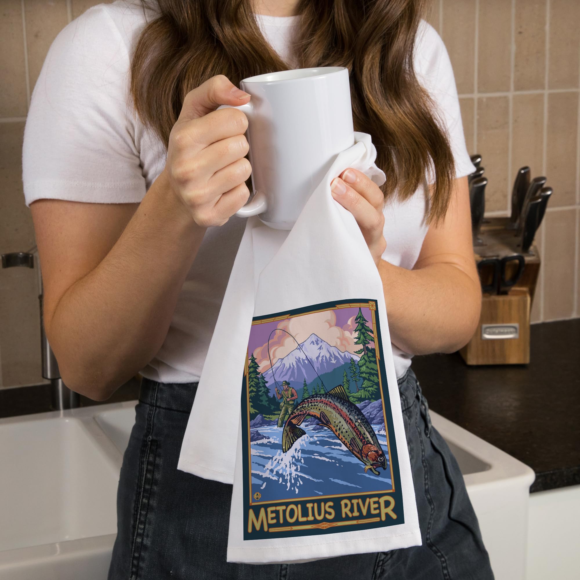 Lantern Press Metolius River Oregon Fisherman Cotton Tea Towel - 100% Cotton Decorative Hand Towel for Kitchen, Home Decor & Gifts | Perfect for Drying Dishes, Decorating Farmhouse Kitchen, and Hostess Gifts