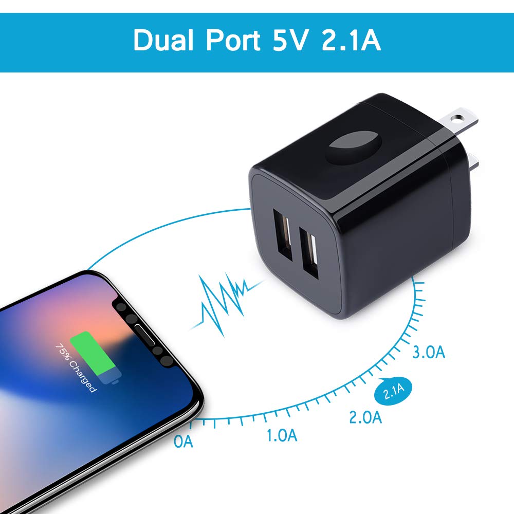 2.1A/5V Dual Port USB Wall Charger Block - Fast Charging Cube Adapter Plug for iPhone 15 Pro/14/13/12 & Samsung Galaxy S24/S23/S22/S21/S20 - 3 Pack Black Travel Power Chargers (Perfect for Home, Office & Travel Use)
