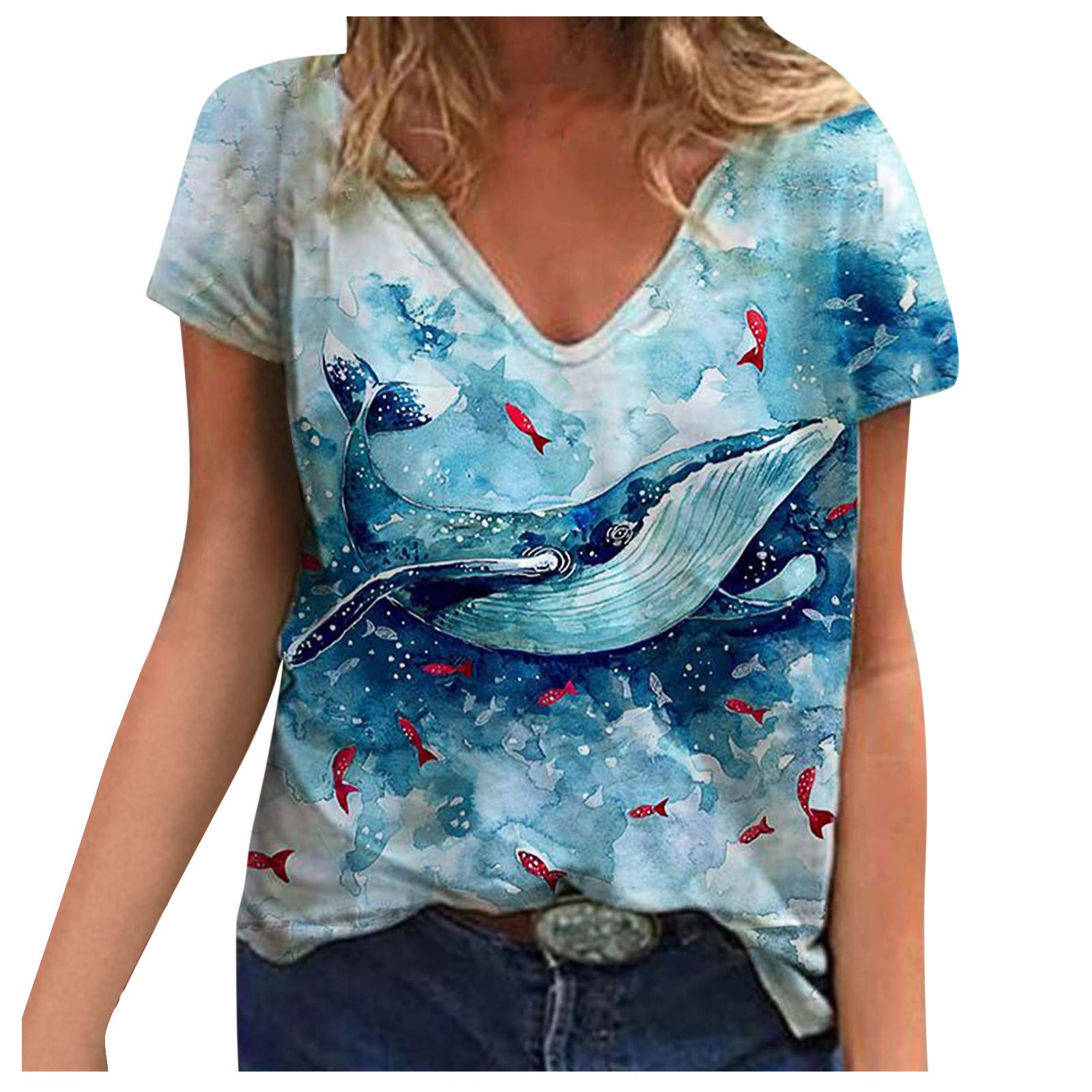 Butterfly Print V-Neck T-Shirt for Women - Plus Size Summer Tops, Cute Casual Blouse for Everyday Wear | Perfect for Outings, Beach Trips & Date Nights