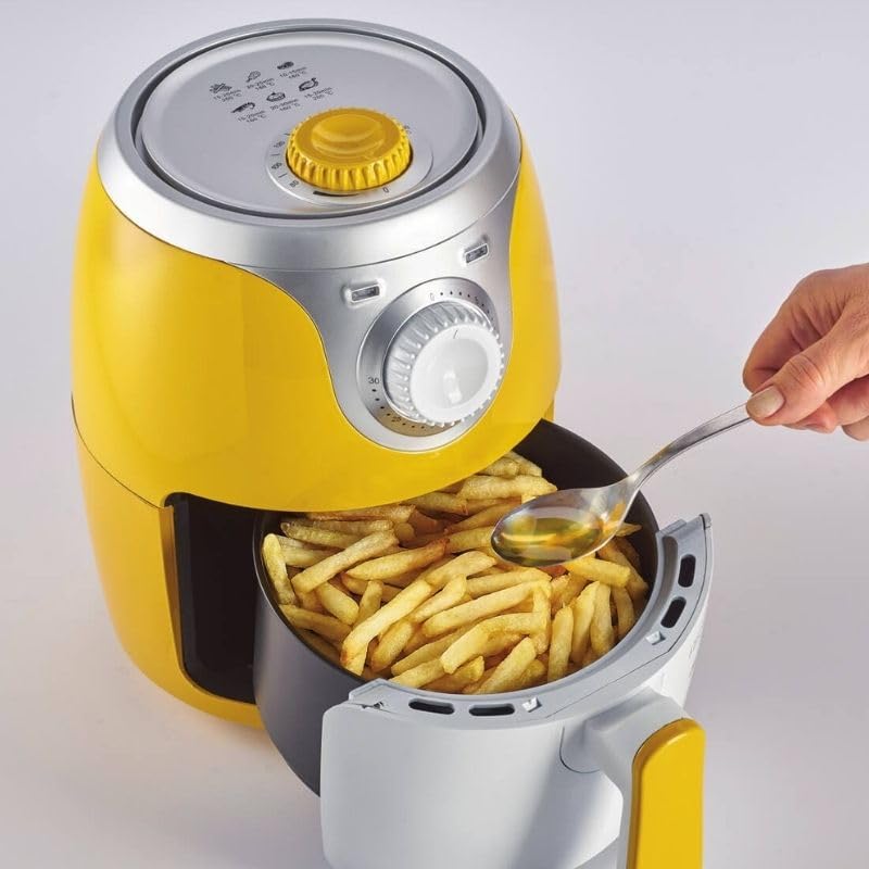 Ariete 4615 Mini Air Fryer - Oil Free Healthy Cooking, 1000W, 2L Capacity, 400g Fries, Yellow Plastic Design - Perfect for Small Kitchens & Quick Snacks