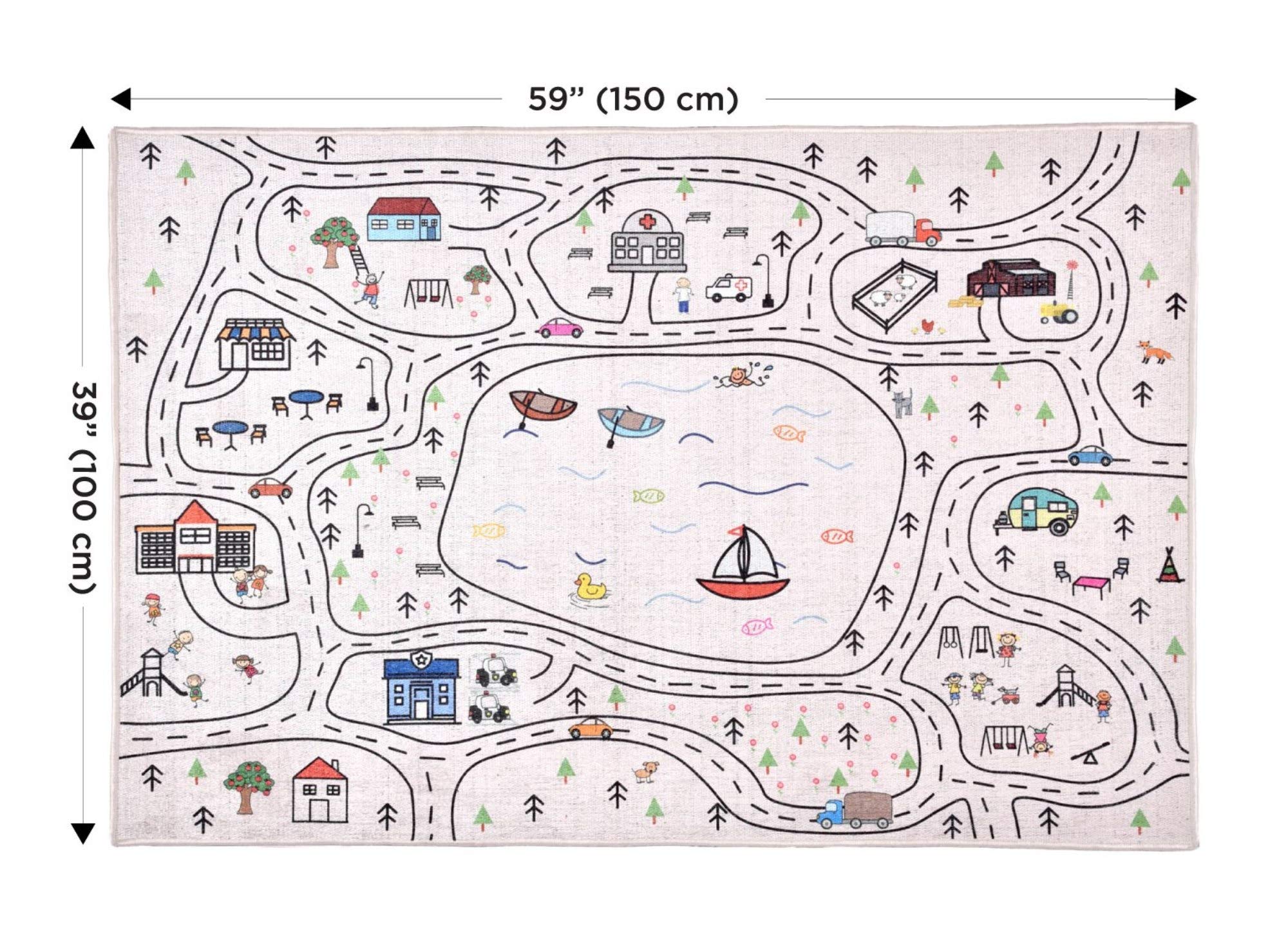 Happy Woody Nursery Rug - Non-Slip Kids Play Mat with Road Design, 39