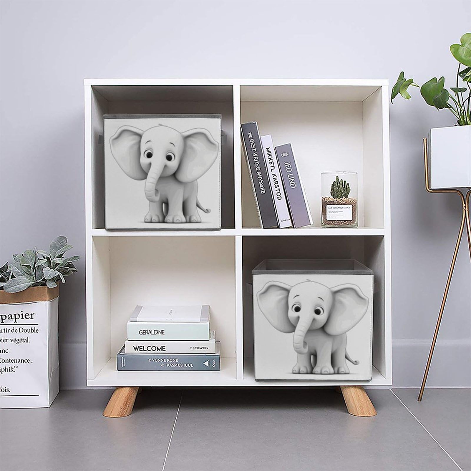Collapsible Storage Cubes with Handles - 10.6×10.6 Inch Foldable Fabric Bins for Home Organization | Elephant Print Design | Perfect for Closet, Nursery, Office & Toy Storage
