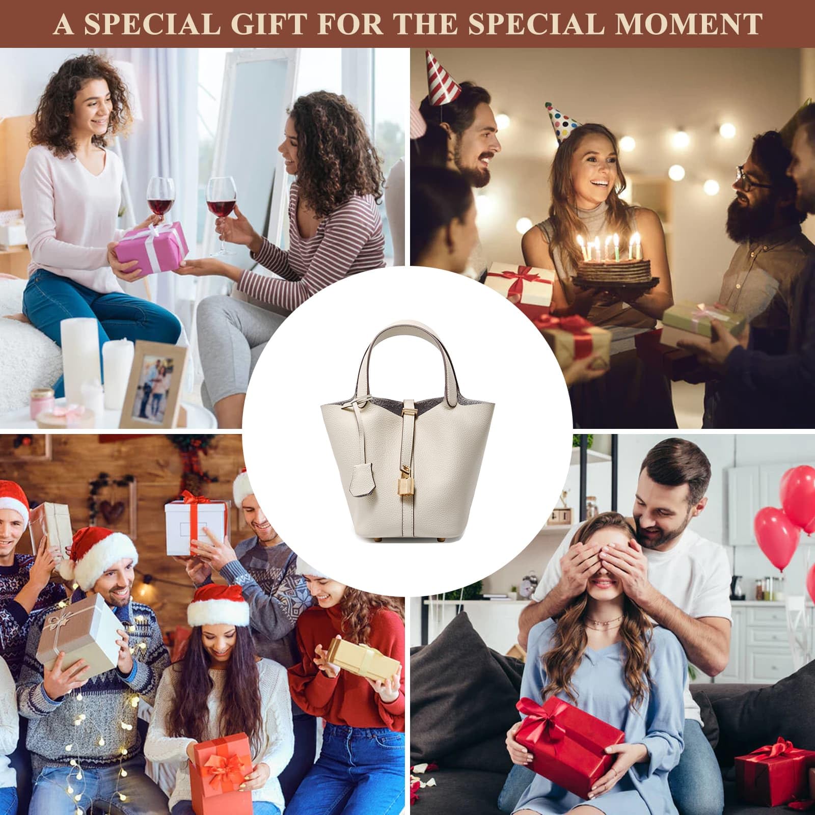 Genuine Leather Bucket Bag for Women - Stylish Lock Design Small Satchel Purse Handbag - Soft Shoulder Bag for Daily Casual Use, Work, Travel & Shopping