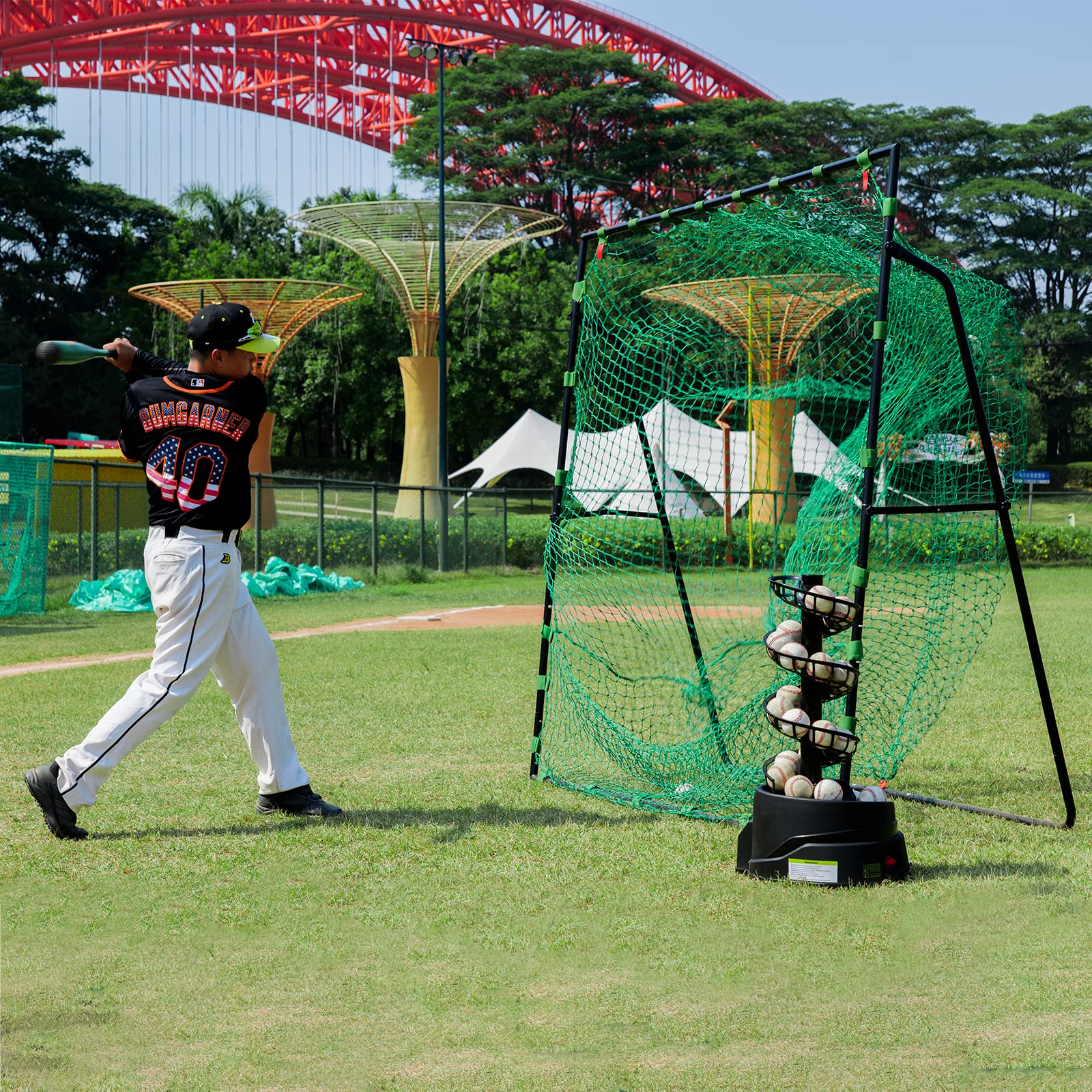 Rechargeable Baseball Pitching Machine with Extendable Ball Stacker - Adjustable Launching Heights for Regulation & Dimpled Balls - Perfect for Batting Practice & Baseball Training for All Ages - Ideal for Backyard, Field, and Team Practice Sessions