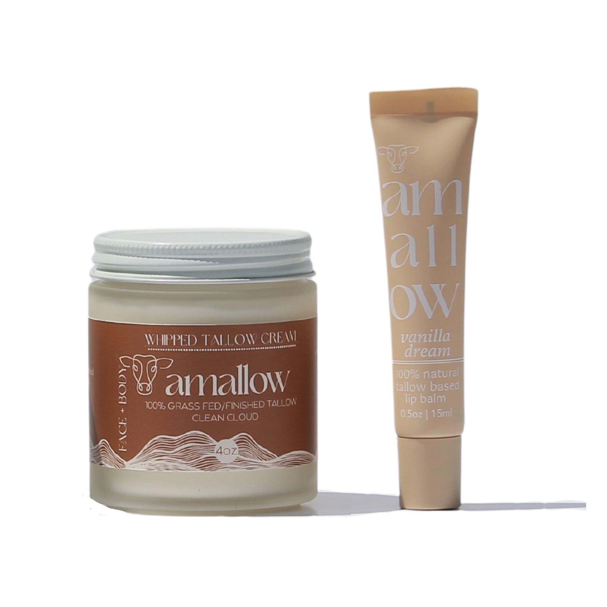 100% Grass Fed Beef Tallow Skincare Set - Organic Face & Body Moisturizer + Natural Lip Balm | Vanilla Dream & Clean Cloud Formulas | For Dry Skin Care, Eczema Relief & Winter Protection