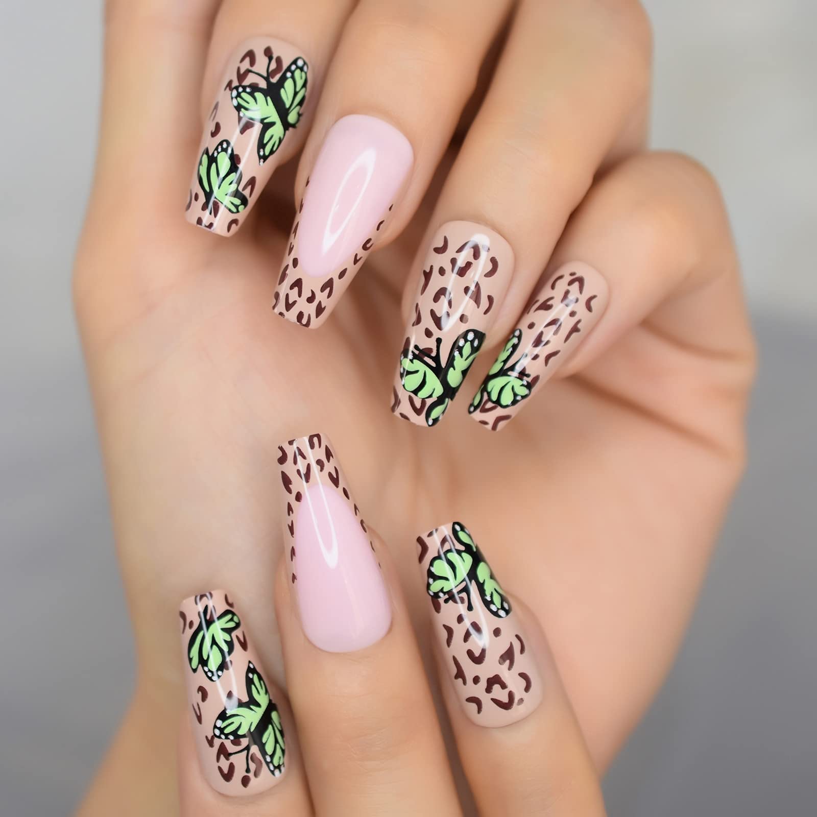 Trendy Green Butterfly French Press False Nails - Glossy Brown Leopard & Pink Ballerina Coffin Fake Nails | Long Lasting Press-On Nails for Parties, Weddings & Special Occasions