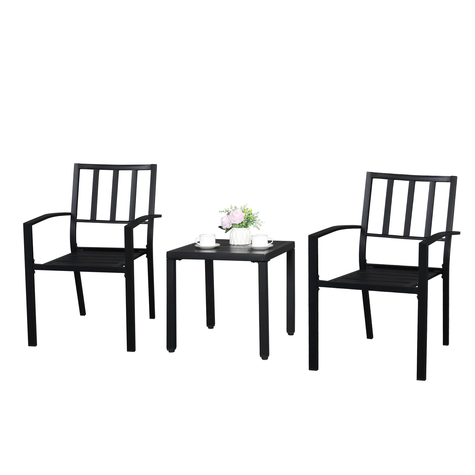 3-Piece Outdoor Bistro Set - Wrought Iron Patio Dining Table & Chairs with Vertical Grid Backrest - All-Weather Garden Furniture for Small Spaces, Balcony, Deck, Porch & Lawn - Perfect for Al Fresco Dining & Relaxing Outdoors