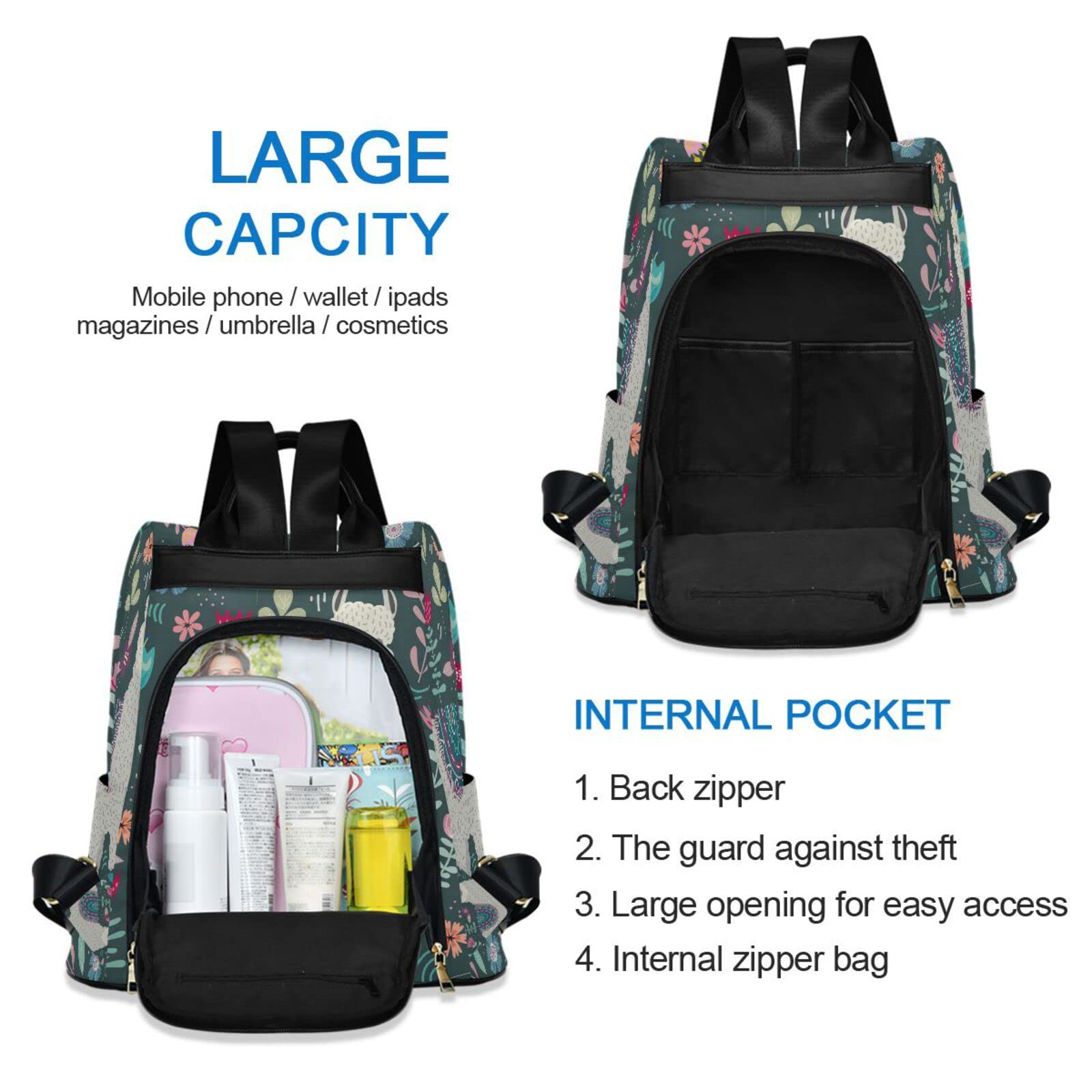 Stylish Anti-Theft Gray Llama Floral Backpack for Women - Fashionable Travel Purse & Casual Daypack - Perfect for School, Work, and Weekend Adventures