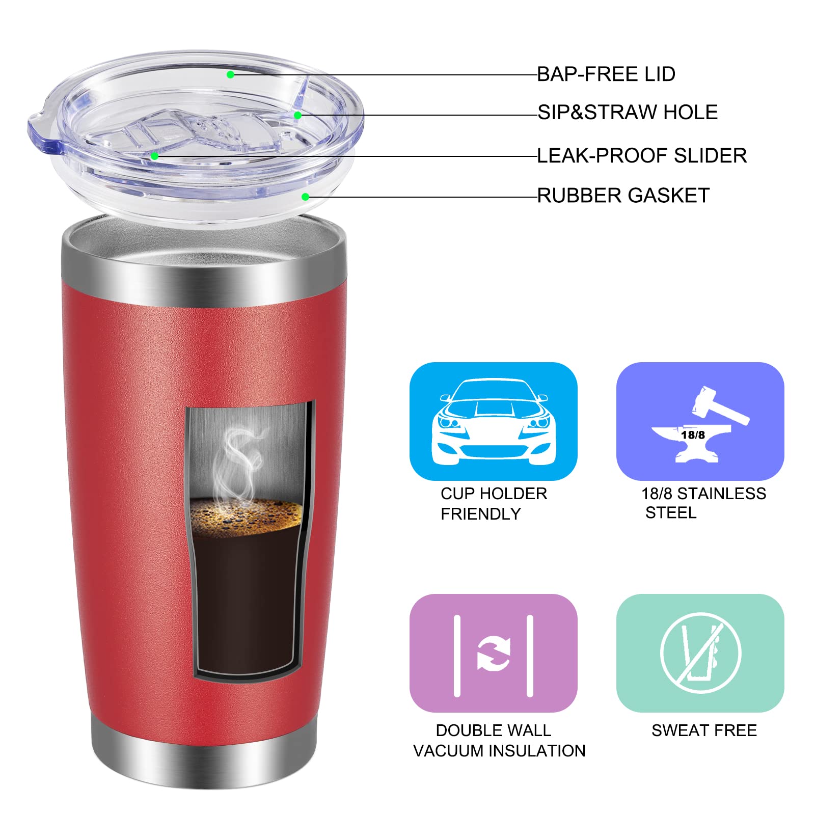 VEGOND 20oz Stainless Steel Tumbler with Lid & Straw - Vacuum Insulated Double Wall Travel Mug, Powder Coated Coffee Cup (Powder Red, 12 Pack) - Perfect for Office, Gym, Camping & Outdoor Activities