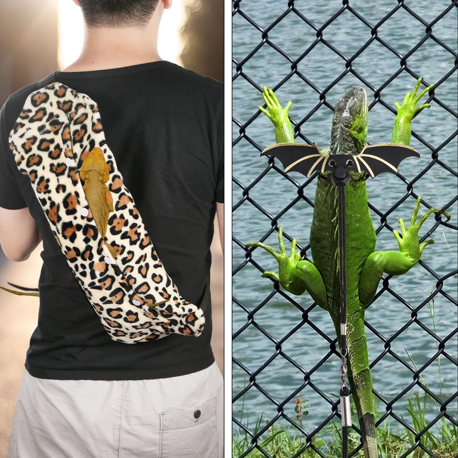 Adjustable Leather Bearded Dragon Leash & Winged Backpack - Reptile Carrier Harness for Outdoor Walking, Travel & Rest - Perfect for Pet Lizard Adventures & Safe Transport