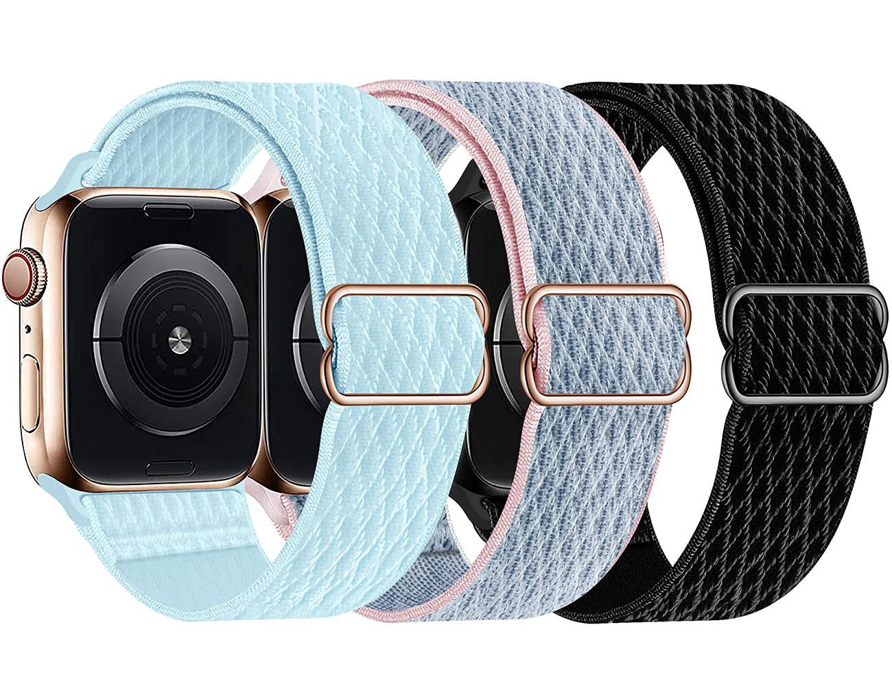 Stretchy Nylon Solo Loop Bands Compatible with Apple Watch 38mm/40mm/41mm/42mm - Sport Elastic Strap for iWatch Series 10, 9, 8, 7, SE (Black, Pink, Sky Blue) - Comfortable & Durable for Workouts, Running & Daily Wear