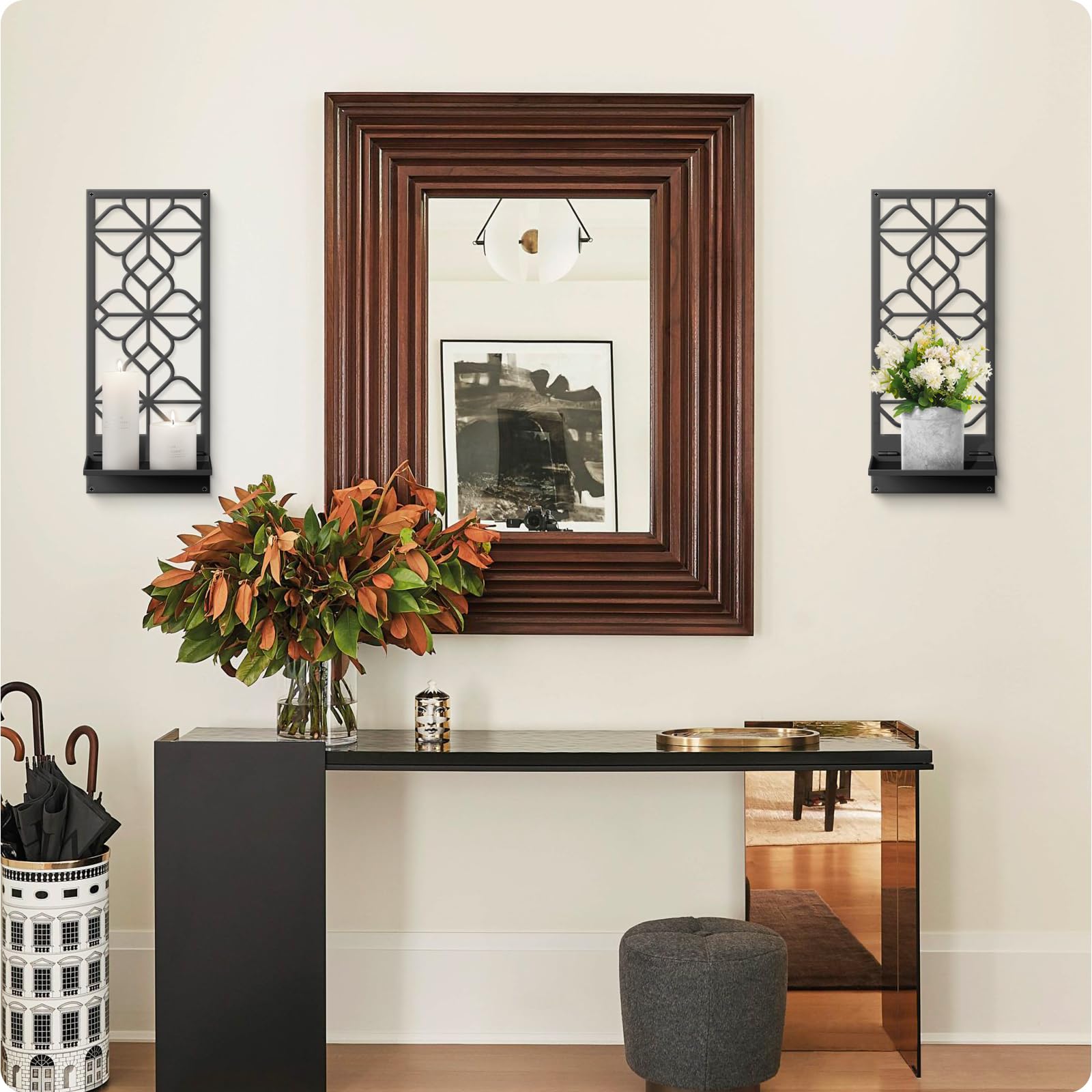 Black Metal Wall Decor - Minimalist Retro Candle Holder for Farmhouse, Bathroom & Living Room (2-Pack)