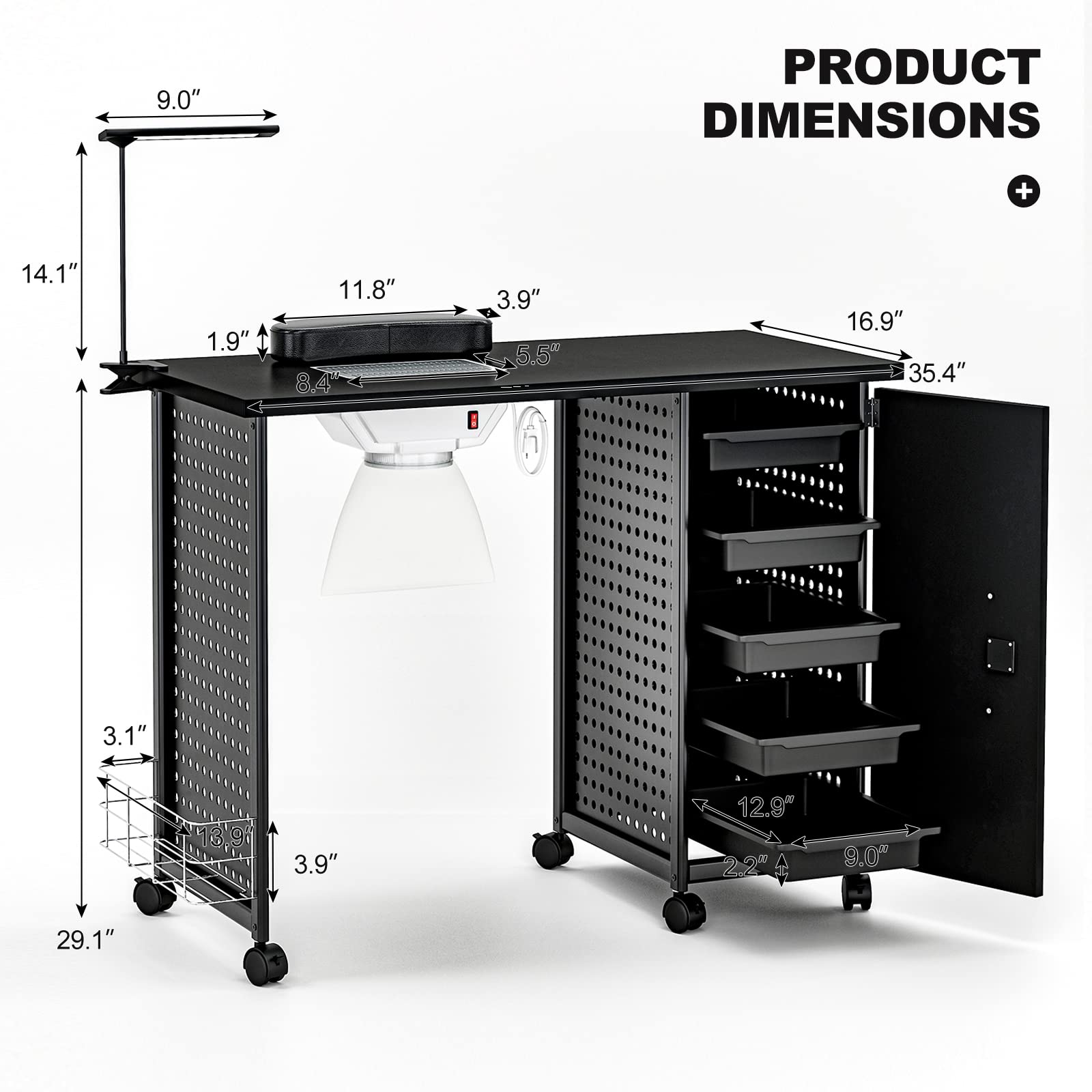 Professional Manicure Table with Dust Collector & LED Light - Nail Salon Technician Workstation with Wrist Rest, 5 Lockable Drawers & Casters for Beauty Parlors, Home Salons & Professional Nail Studios