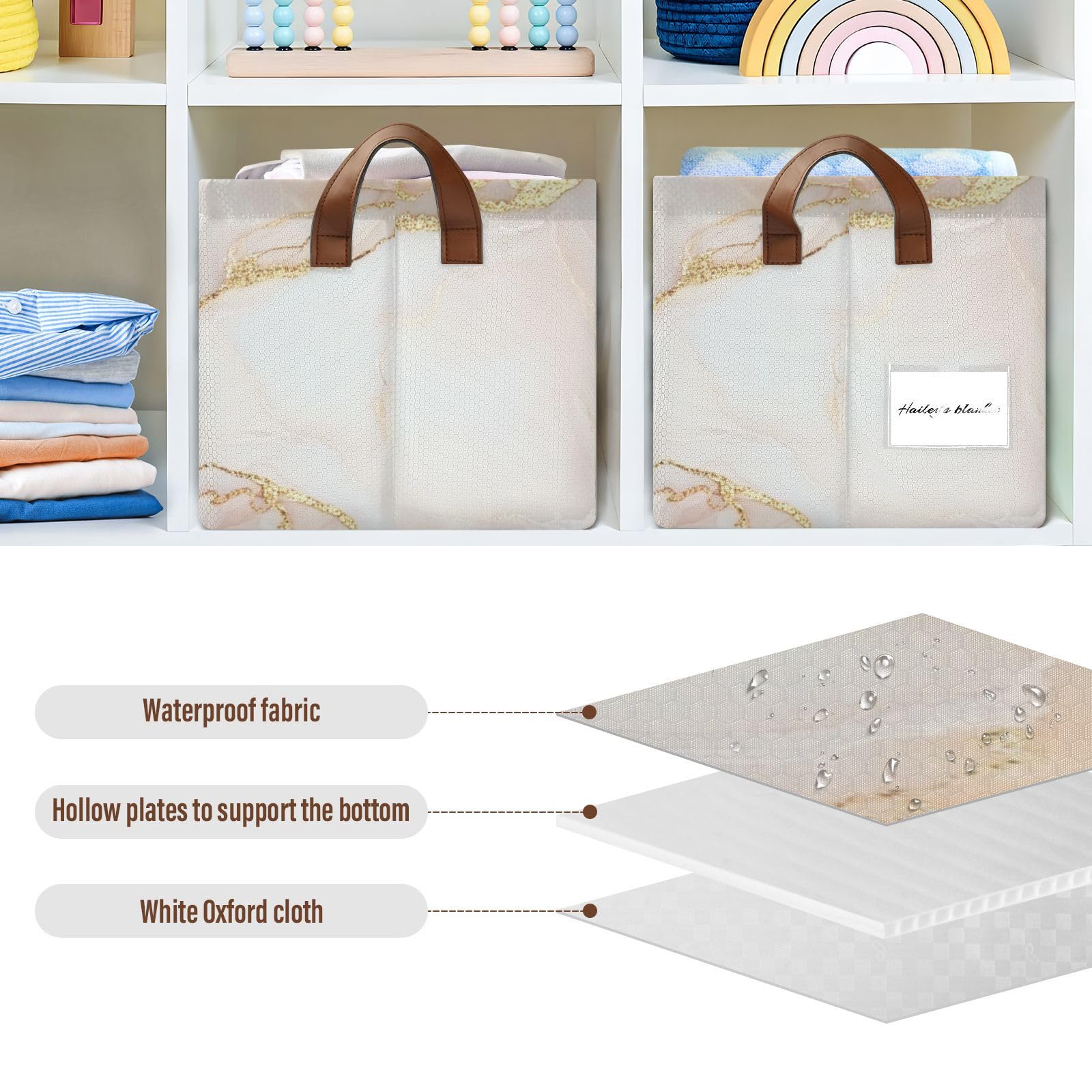 Marble White Blush Collapsible Fabric Storage Bins with Handles - 2 Pack Foldable Cube Baskets for Closet, Bedroom & Home Organization - Perfect for Clothes, Toys & Seasonal Storage