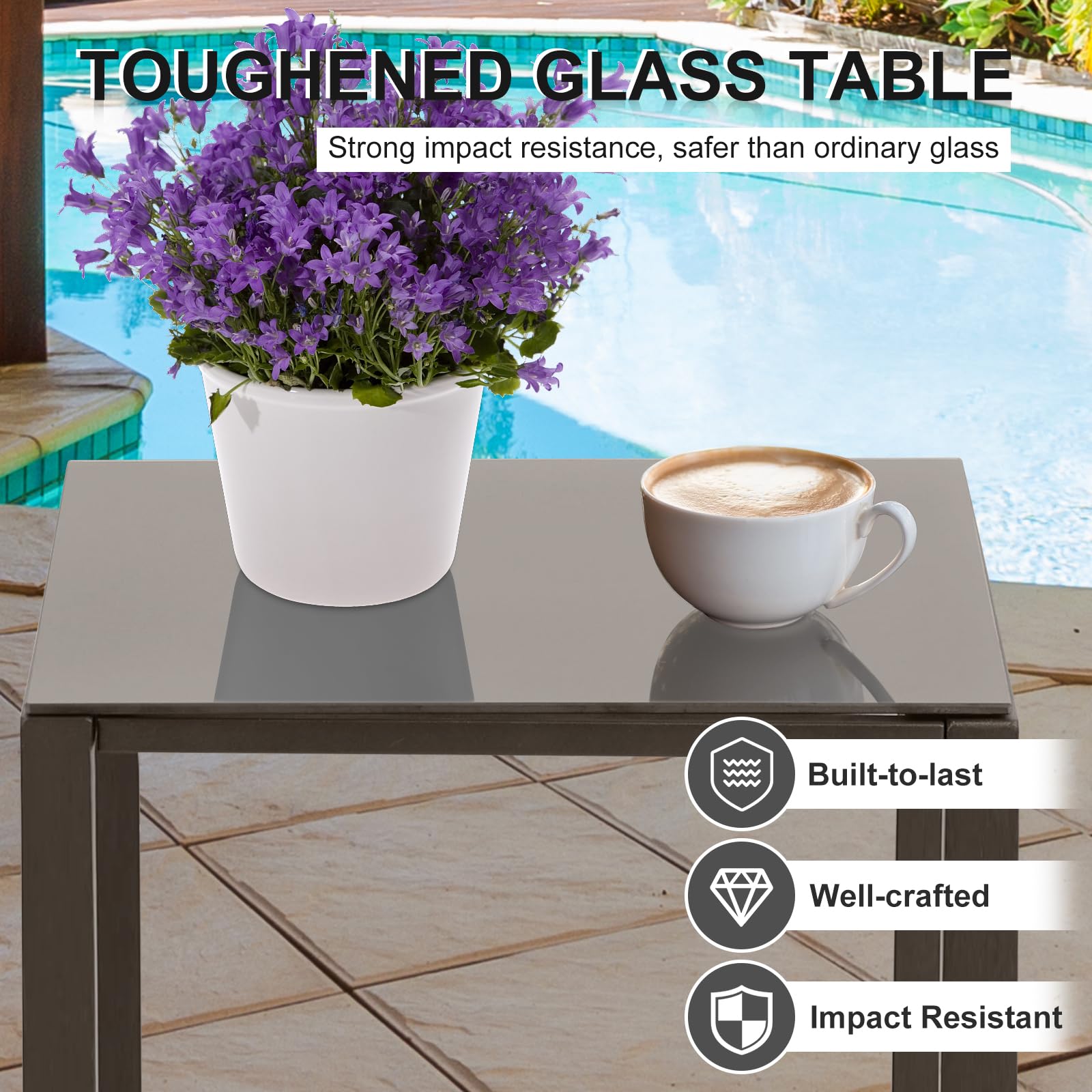 BPS 3-Piece Outdoor Patio Furniture Set - Brown Wicker Chairs with Beige Cushions & Glass Top Table for Garden, Poolside, Backyard or Balcony | Perfect for Relaxing, Entertaining & Outdoor Dining