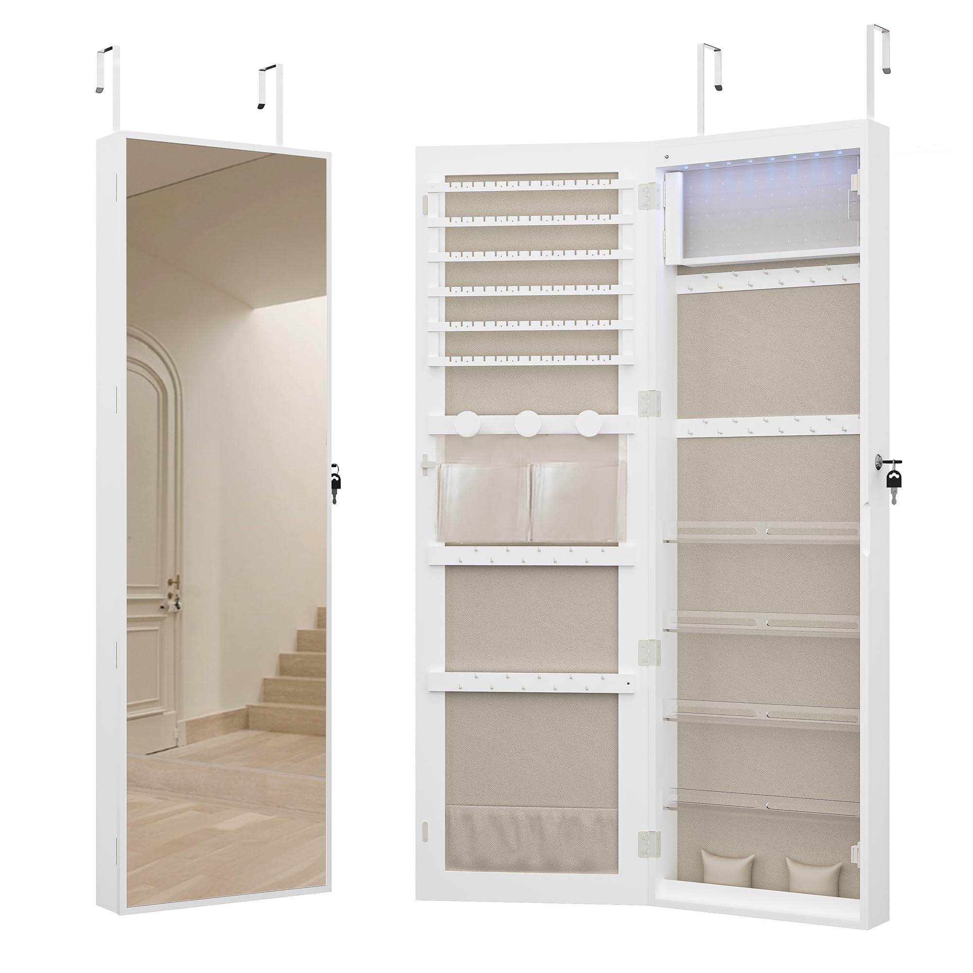 8 LED Lighted Mirror Jewelry Armoire Organizer - 47.2 Inch Wall/Door Mount Lockable Storage Cabinet with 6 Earrings Shelves & 2 Makeup Pockets (White/Beige) - Perfect for Bedroom, Closet & Dressing Room Organization