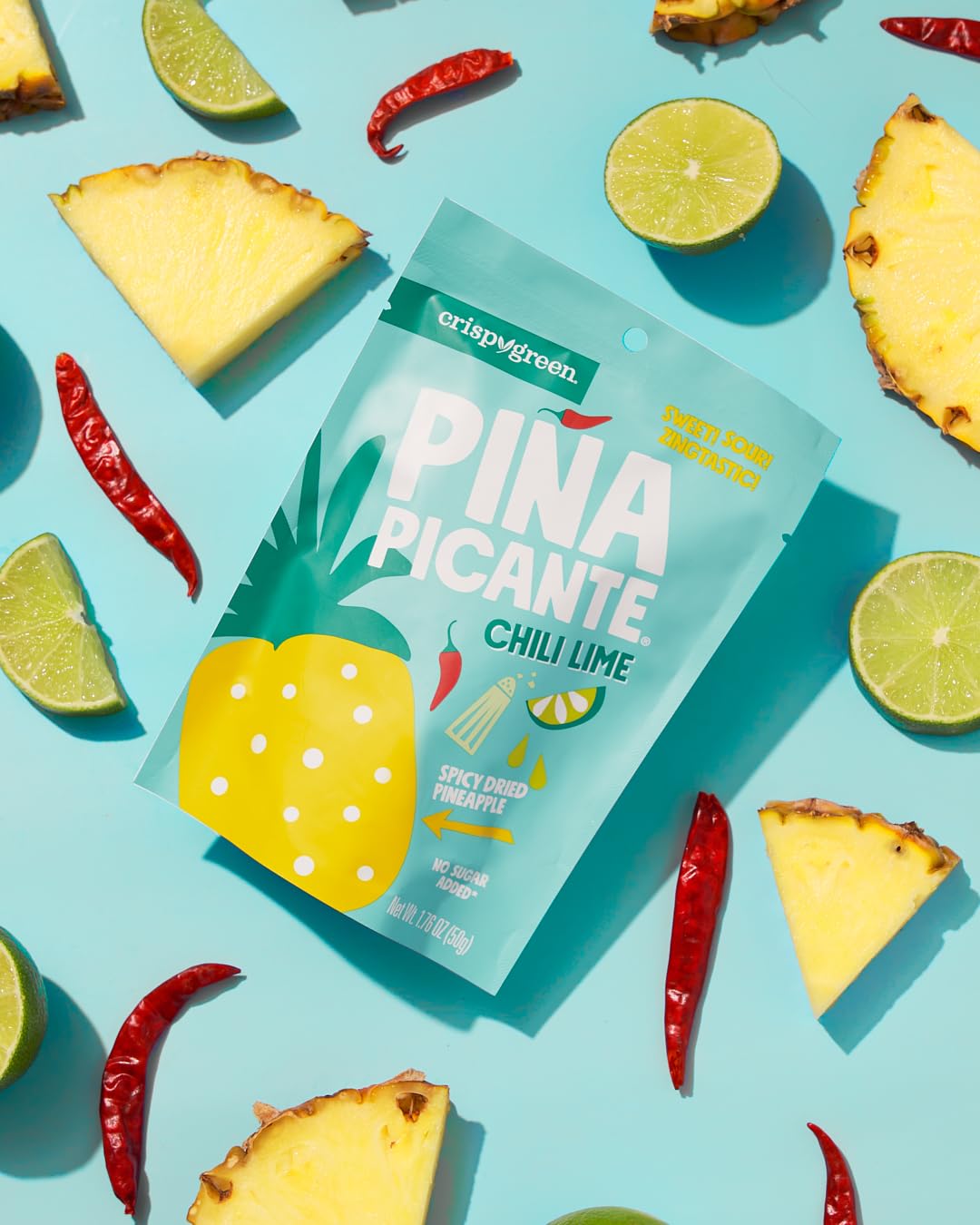 **Spicy Chili Lime Dried Pineapple Snacks - Crispy Green Piña Picante, 1.76oz (12 Single-Serve Bags) | Healthy Real Fruit Snack for On-the-Go, Office, Hiking & Travel**