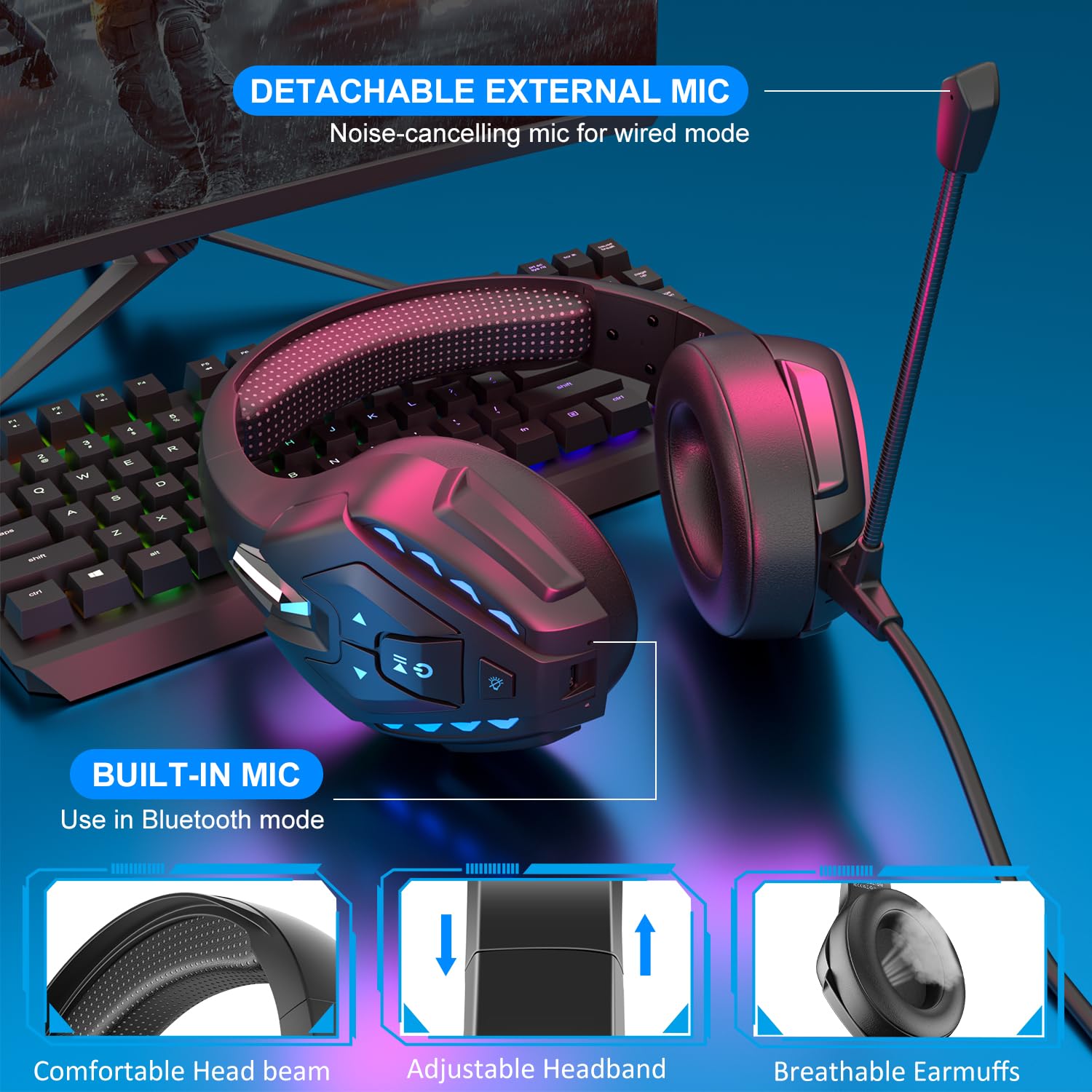 PHOINIKAS Wireless Gaming Headset with Detachable Noise Cancelling Microphone, Bluetooth 5.3 for Mobile Phones, 3.5mm Audio Cable for PS4/PS5/Xbox One/PC/Nintendo Switch, 40-Hour Battery Life, LED Lights - Perfect for Online Gaming, Streaming & Remote Work