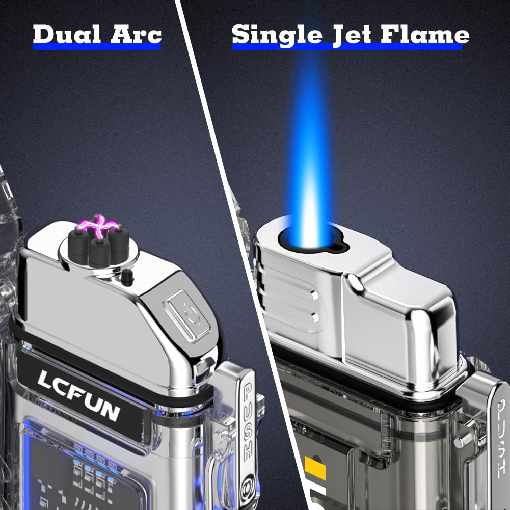 LCFun 2 Pack Windproof Waterproof Refillable Butane Torch Lighter - Dual Arc Plasma Lighter with COB Flashlight & Emergency Whistle - Tactical Survival Gear for Men - Perfect for Camping, Hiking, Emergency Preparedness & Outdoor Adventures