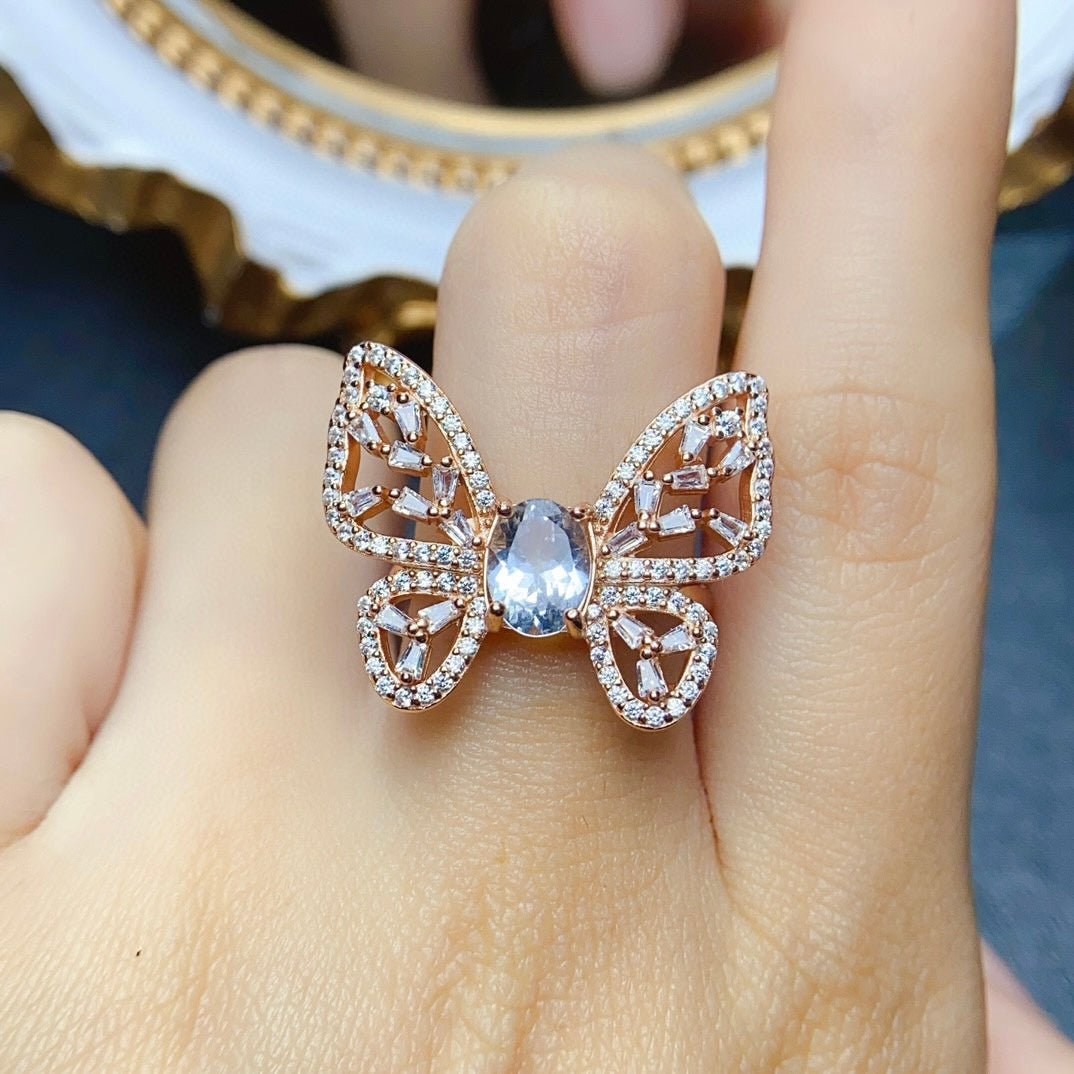 18K Gold Butterfly Aquamarine Crystal Ring for Women - Elegant Vintage Jewelry Gift for Birthday, Anniversary & Valentine's Day | NS2401