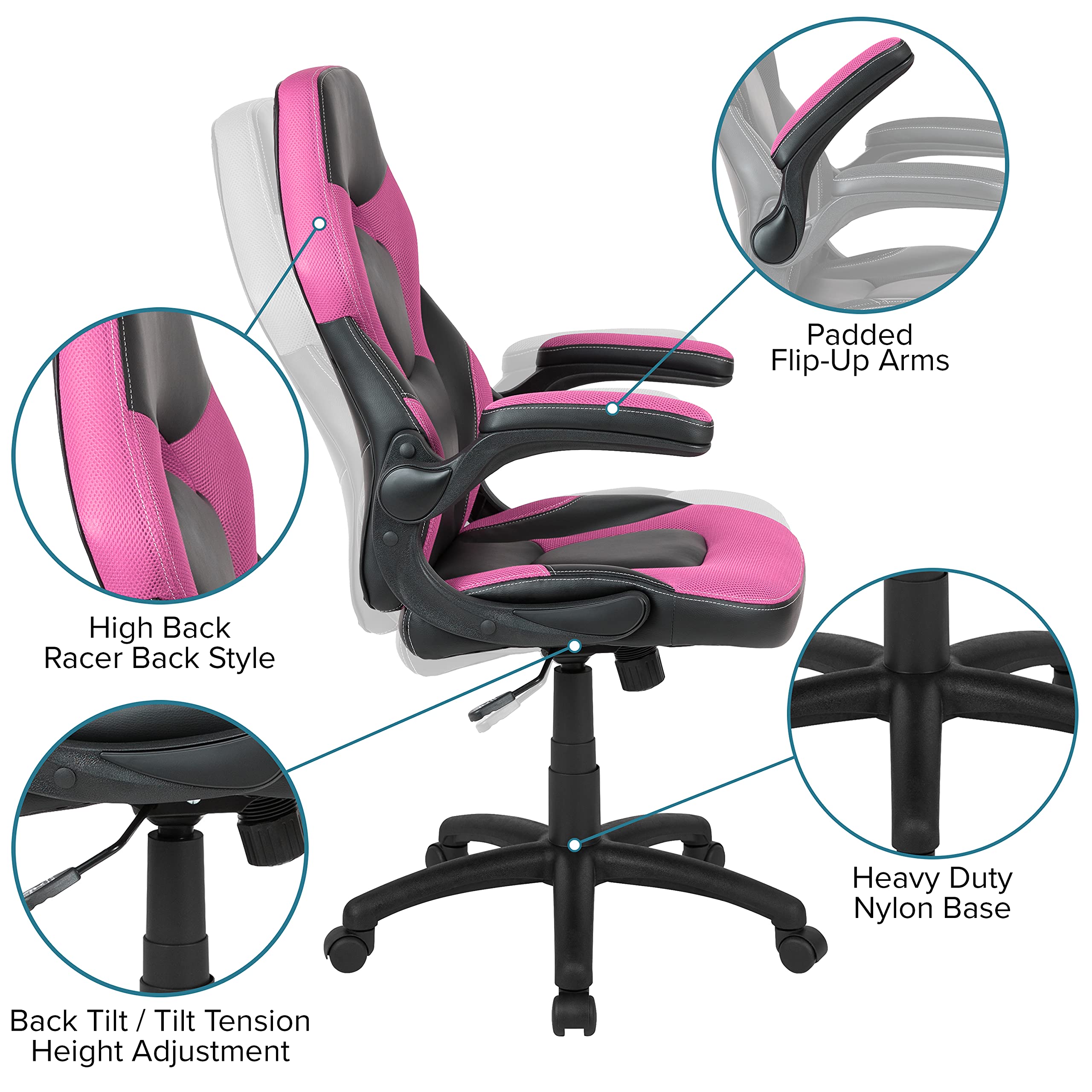 Black Pink Gaming Desk Set with Cup Holder & Headphone Hook for PC Setup