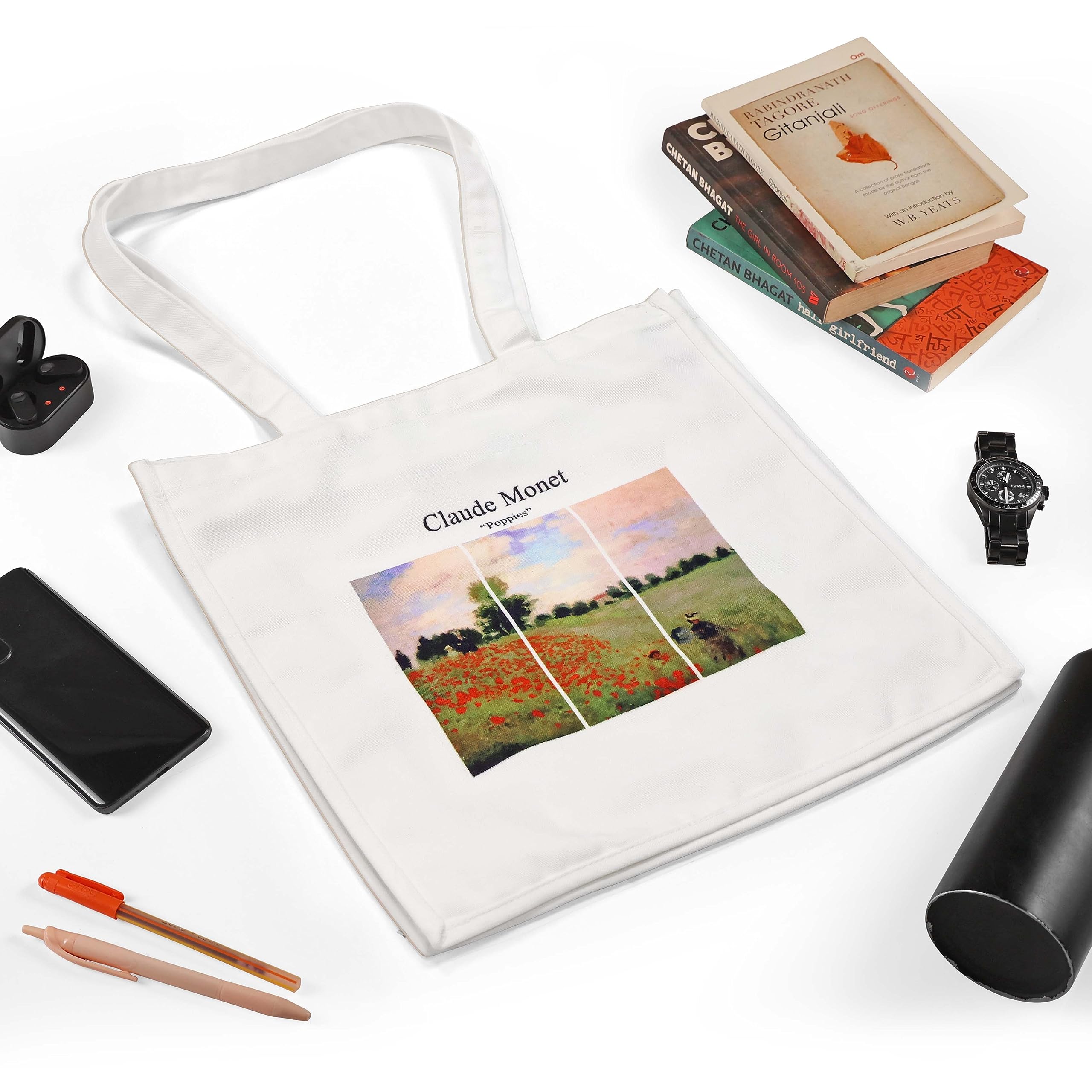 Monet Poppies Canvas Tote Bag with Zipper Pocket - Women's Stylish Shopping & Beach Tote