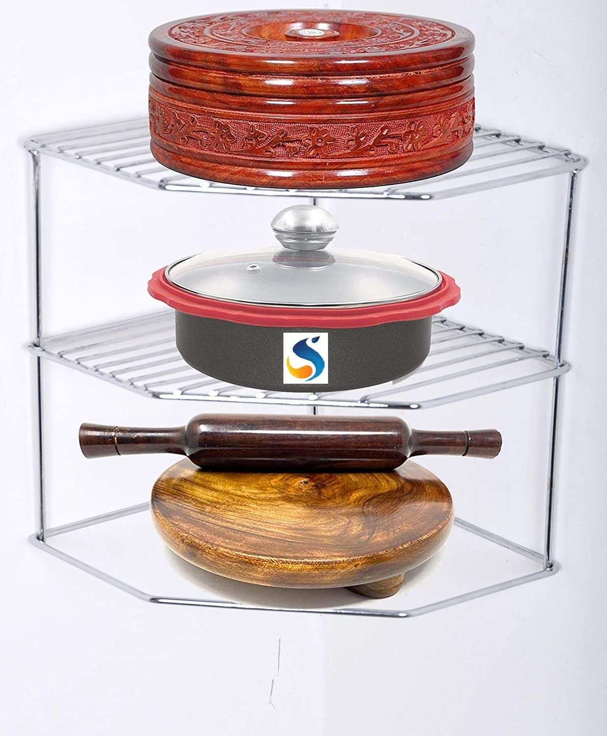 Sevenger Multipurpose Stainless Steel Kitchen Corner Shelf Organizer - Chakla Belan Plate Dish Rack Stand Holder for Utensils Storage, Cabinet & Cupboard (Set of 1) - Perfect for Small Kitchen Space Saving & Countertop Organization